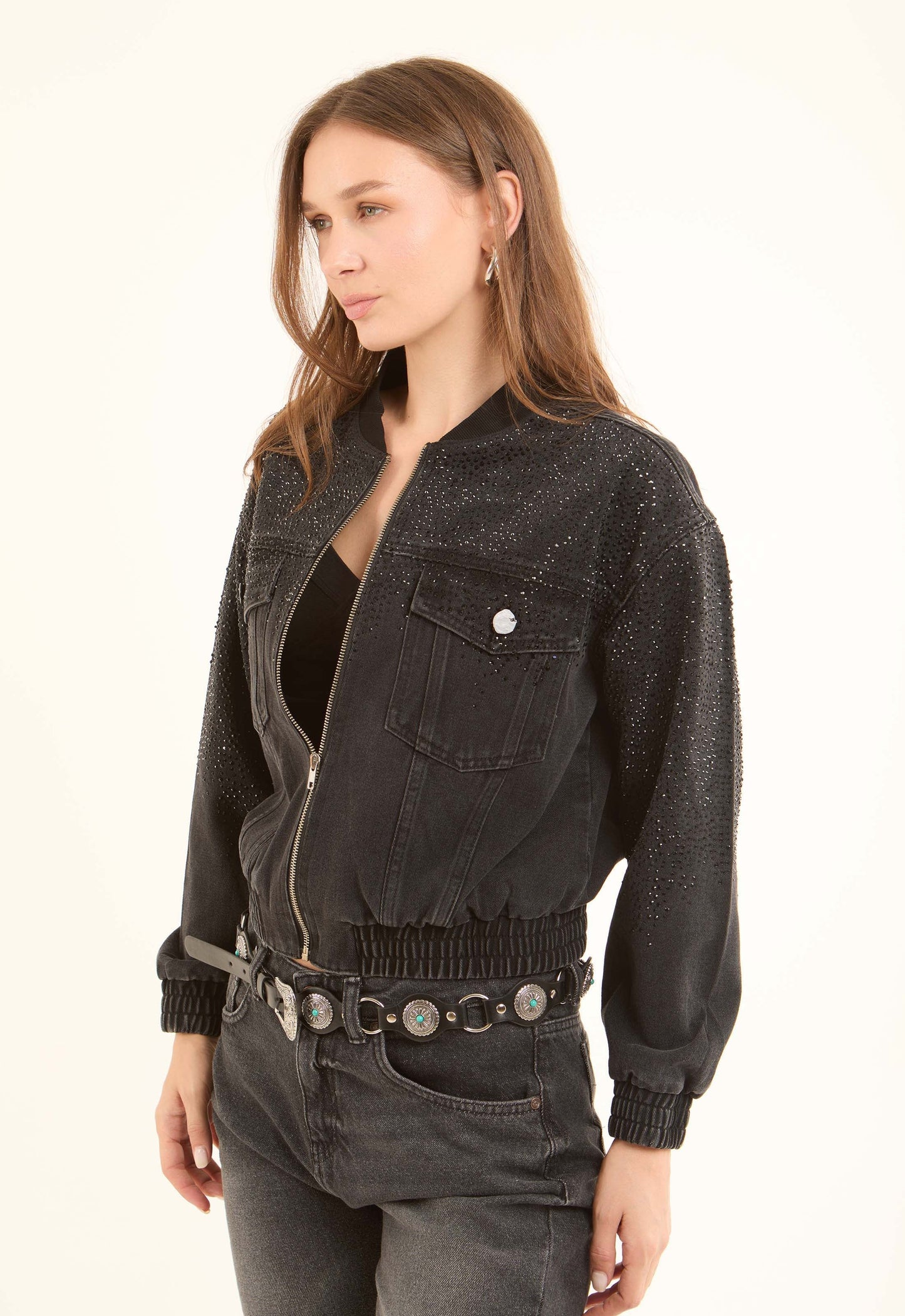 Crystal-Studded Denim Bomber Jacket