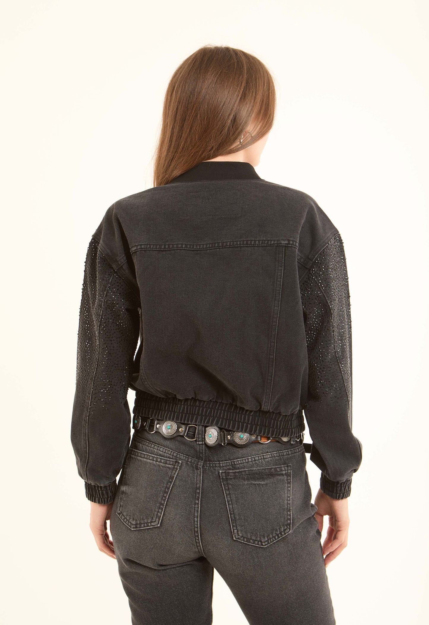 Crystal-Studded Denim Bomber Jacket