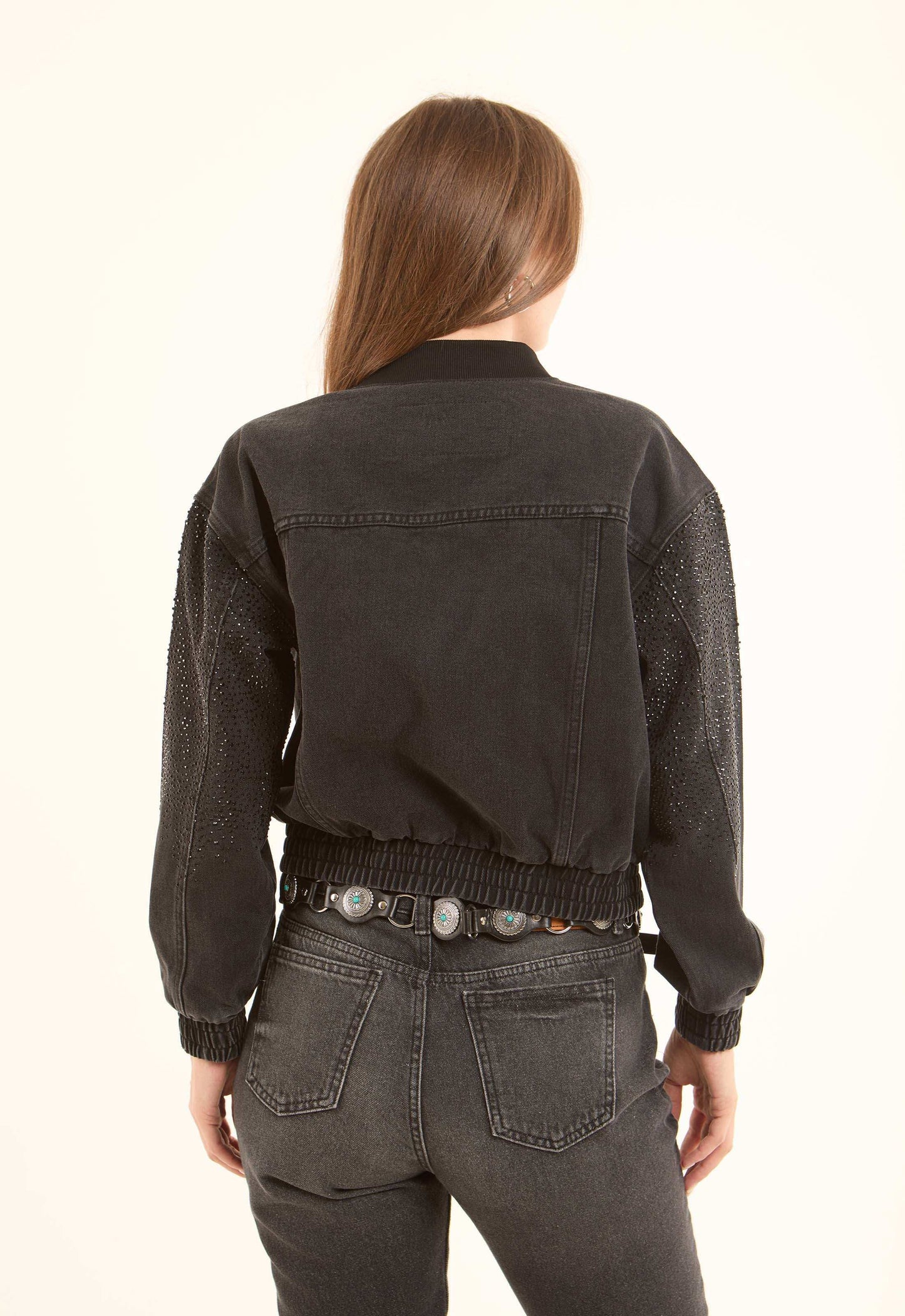 Crystal-Studded Denim Bomber Jacket