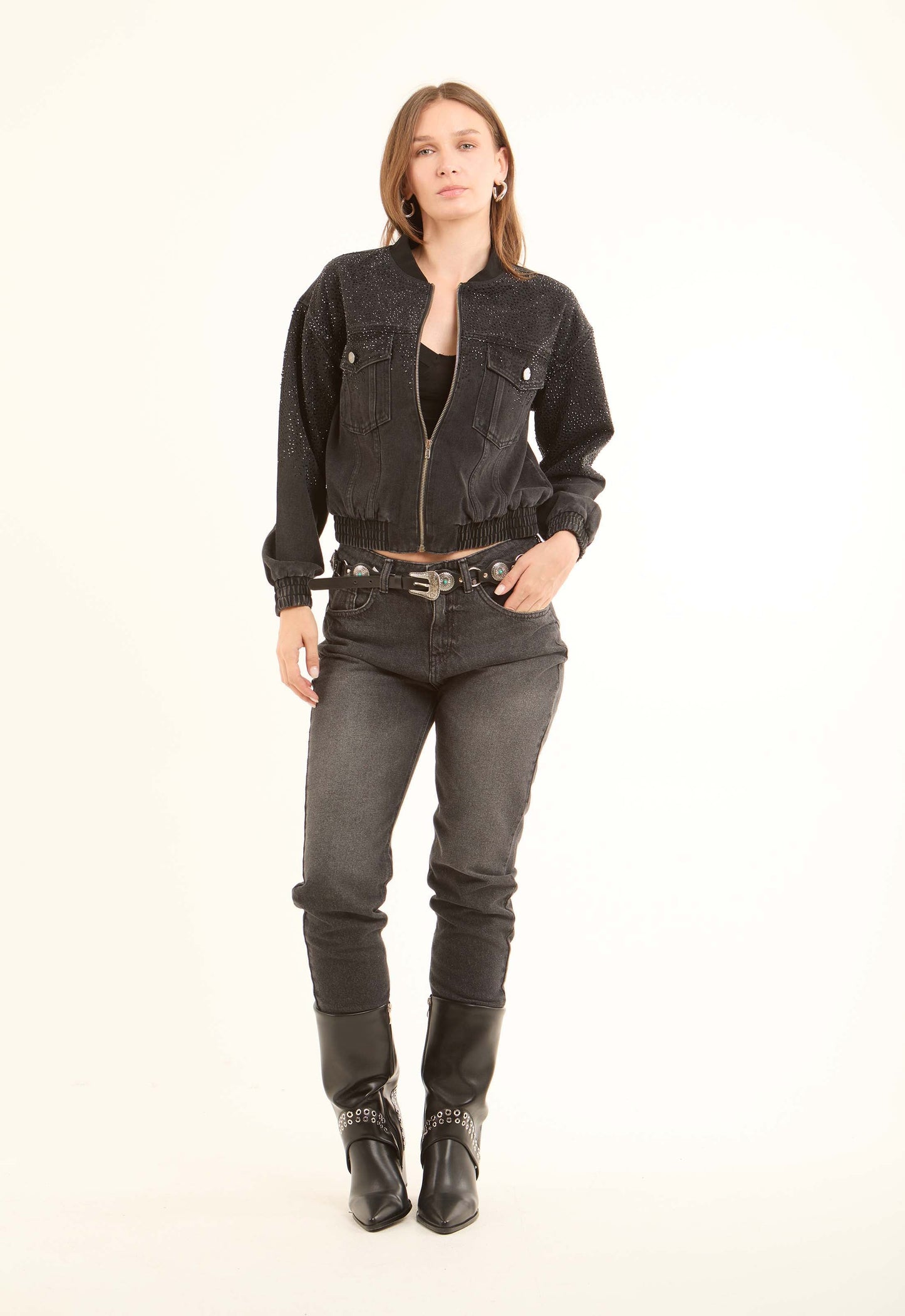 Crystal-Studded Denim Bomber Jacket