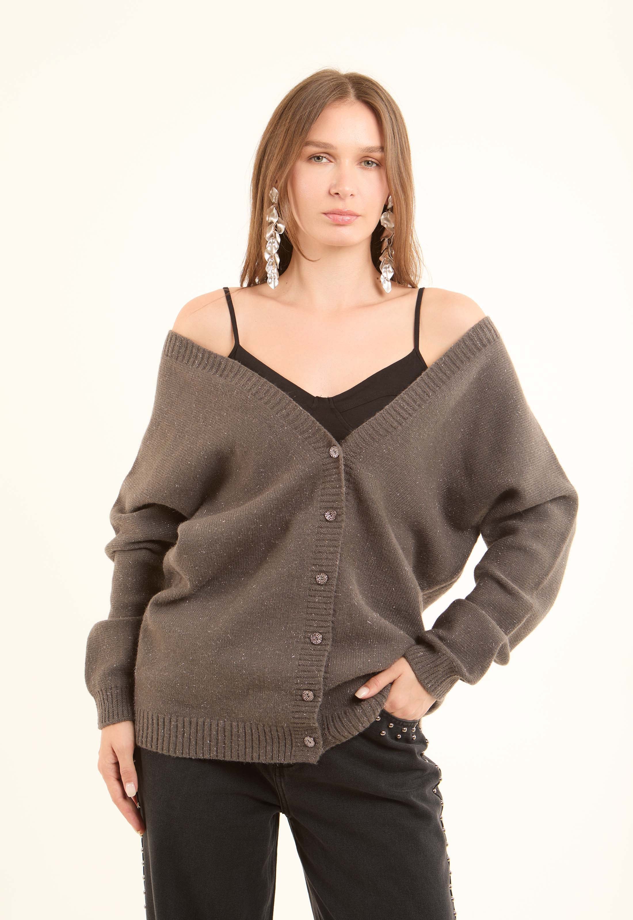 Deep V-Neck Buttoned Winter Cardigan