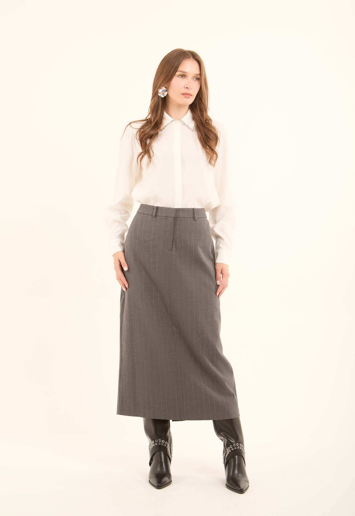 Elegant Striped Formal Midi Skirt