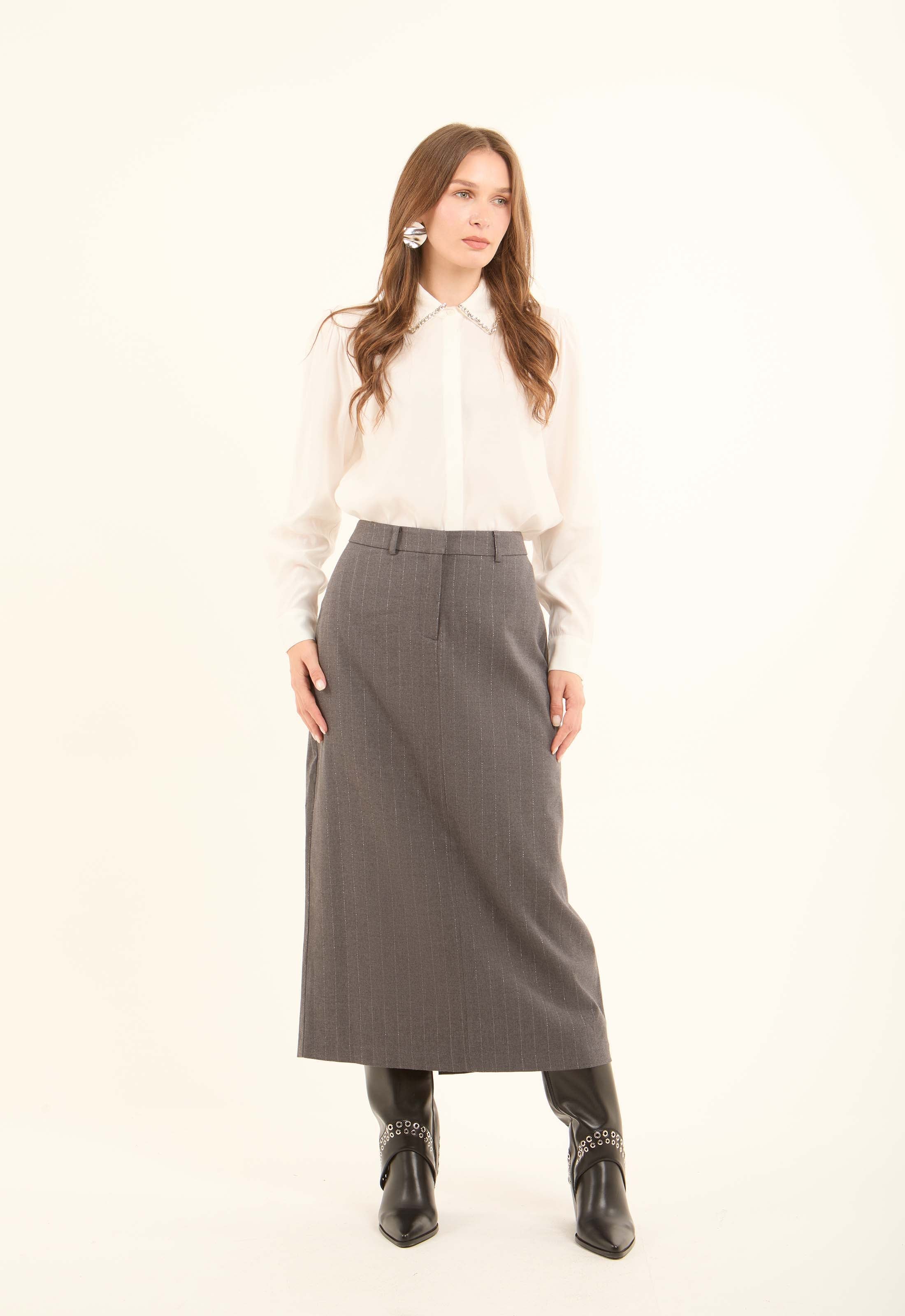 Elegant Striped Formal Midi Skirt