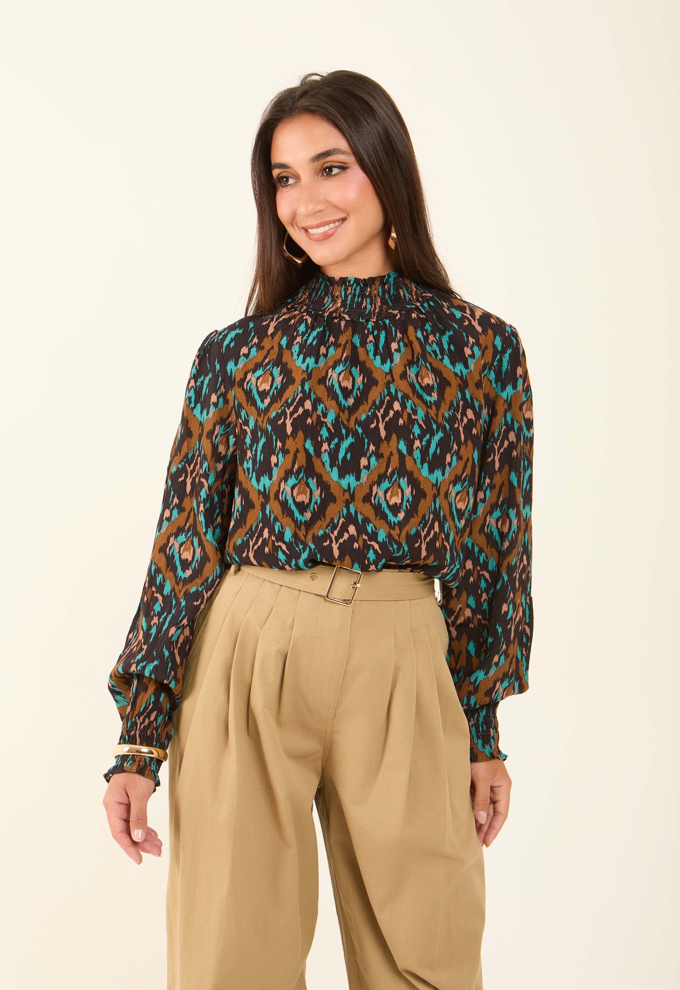 Flowy Printed High-Neck Viscose Blouse