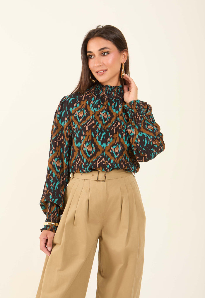 Flowy Printed High-Neck Viscose Blouse