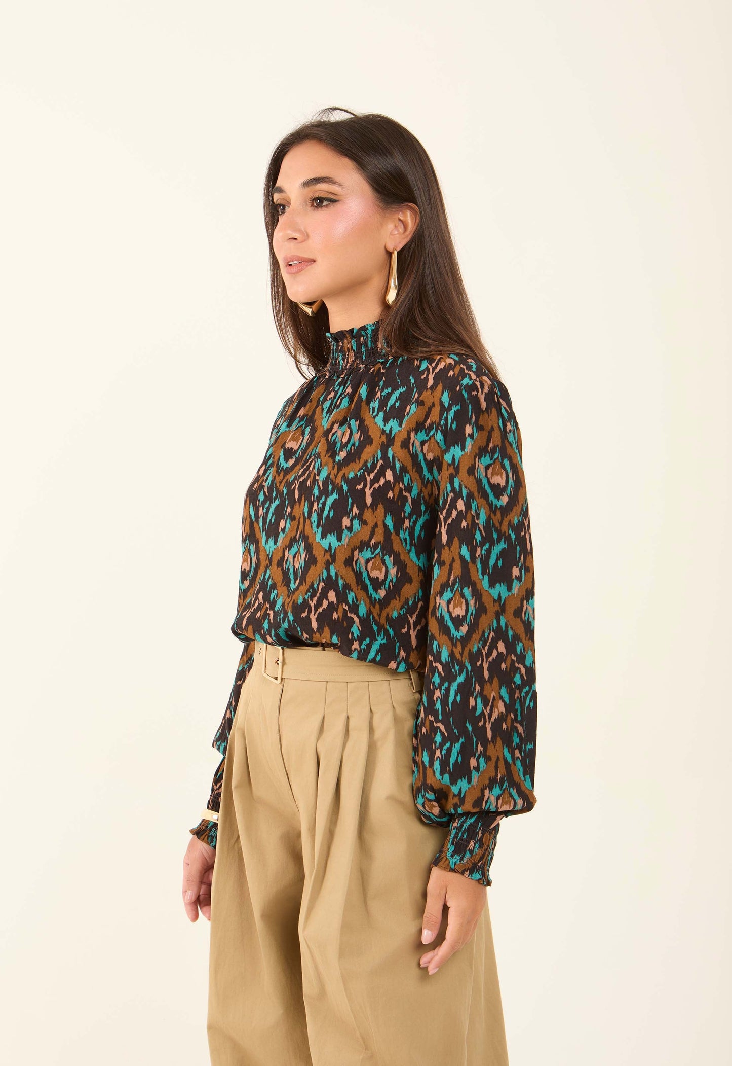 Flowy Printed High-Neck Viscose Blouse