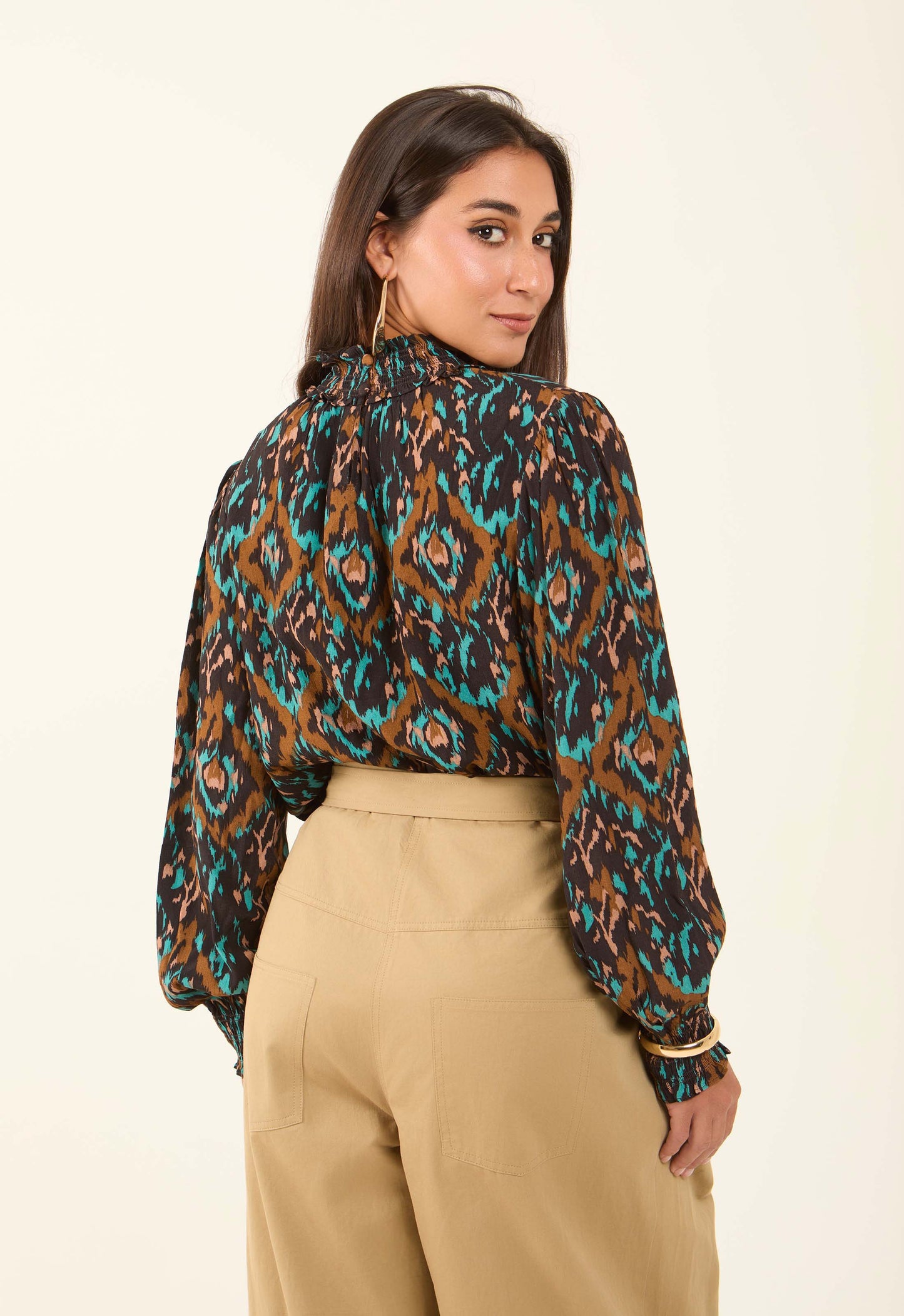 Flowy Printed High-Neck Viscose Blouse