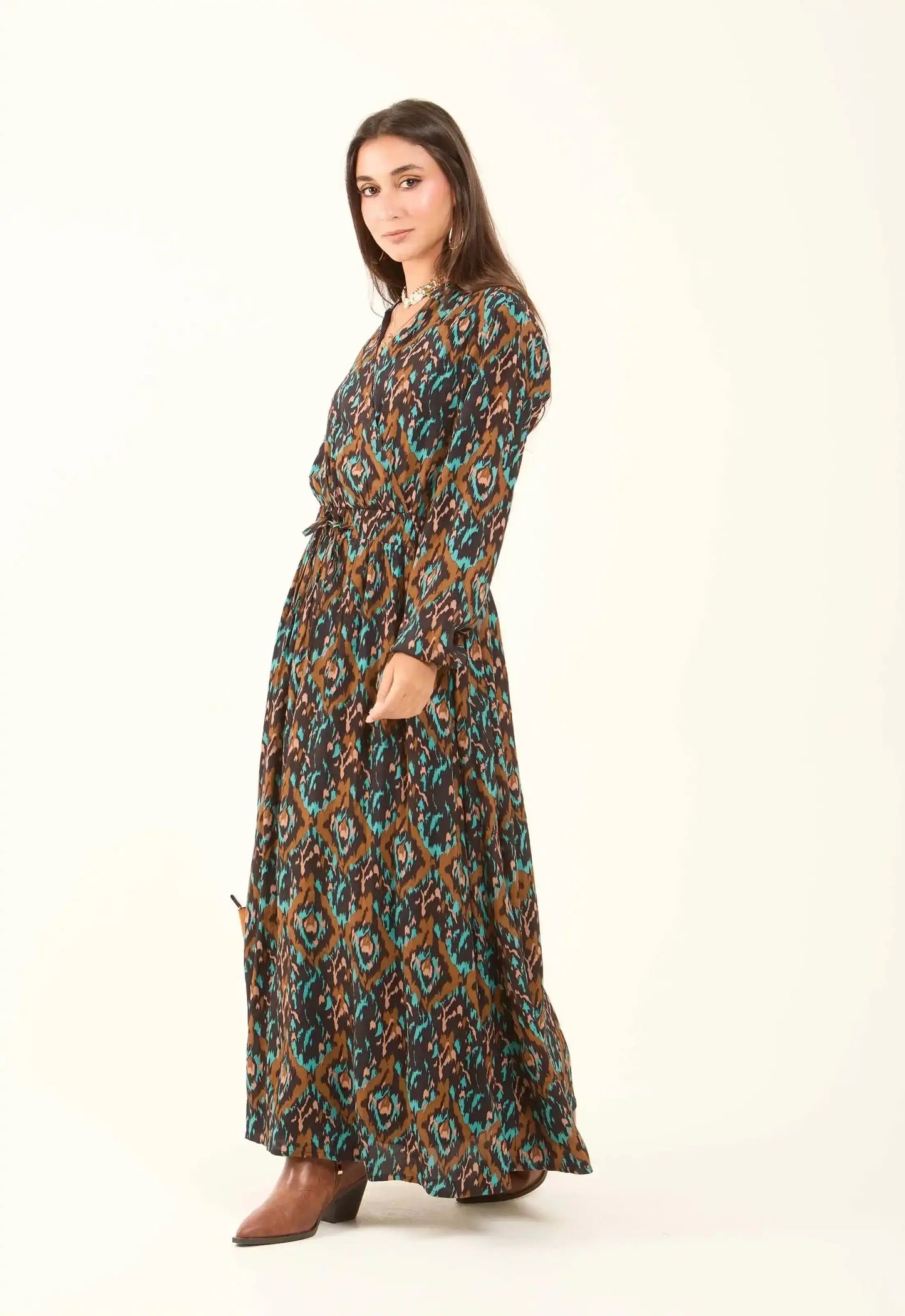Patterned Drawstring Dress with V-Neck