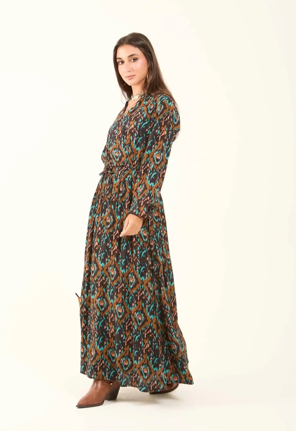 Patterned Drawstring Dress with V-Neck