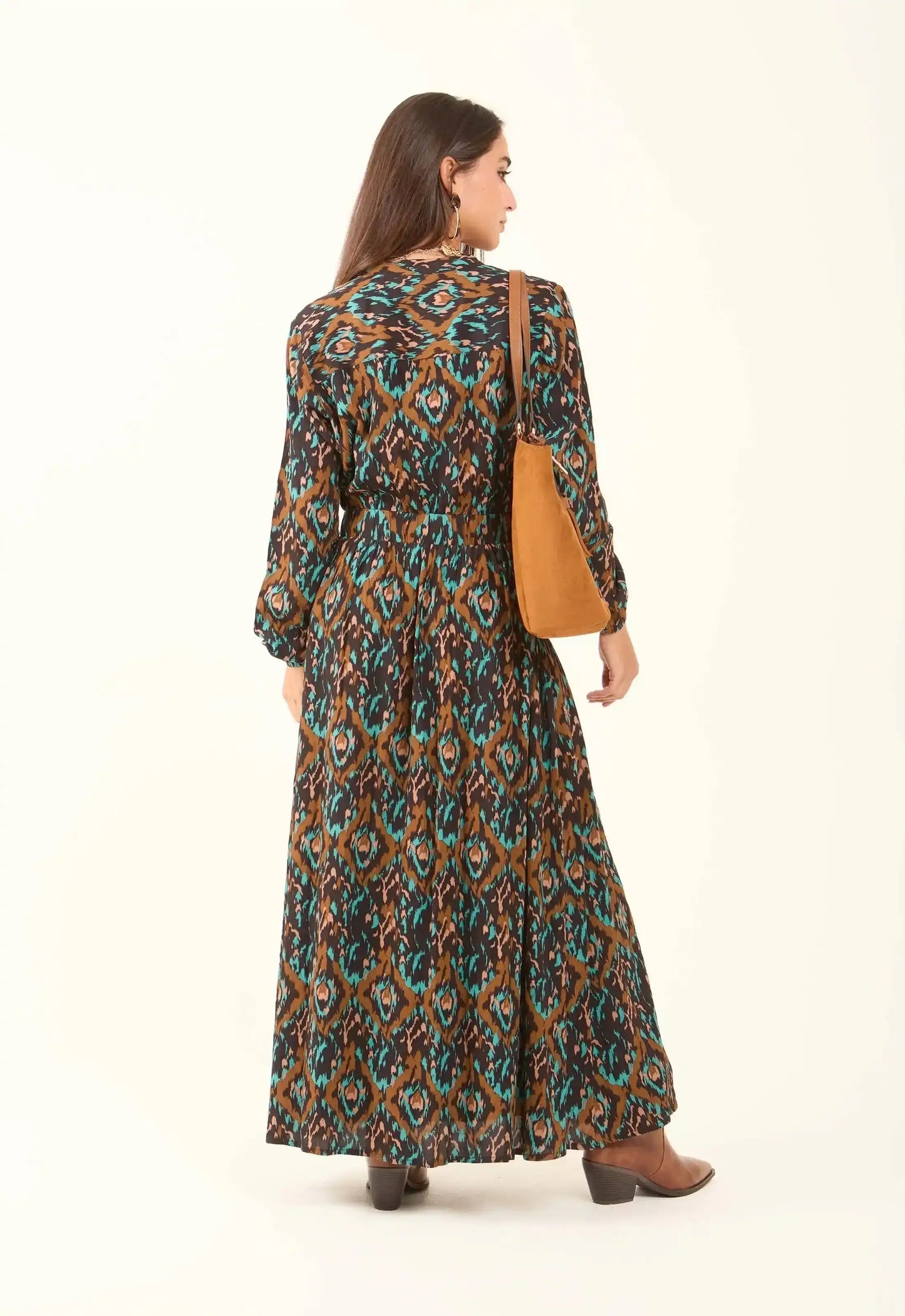Patterned Drawstring Dress with V-Neck