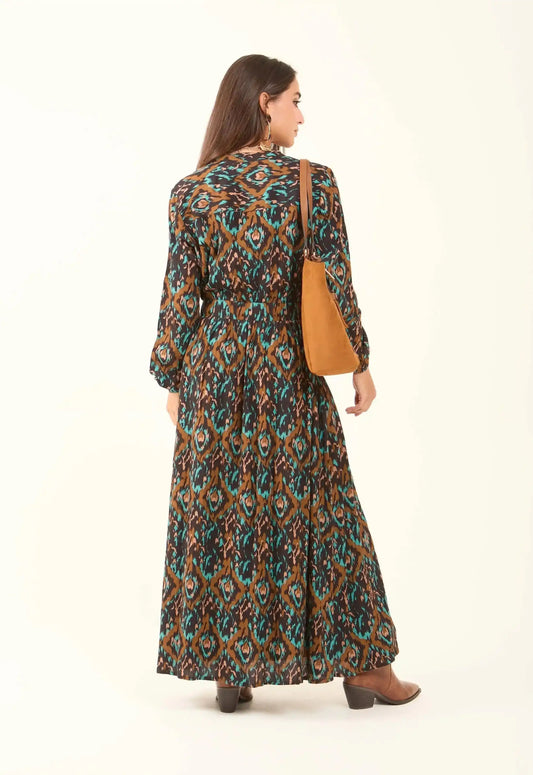 Patterned Drawstring Dress with V-Neck