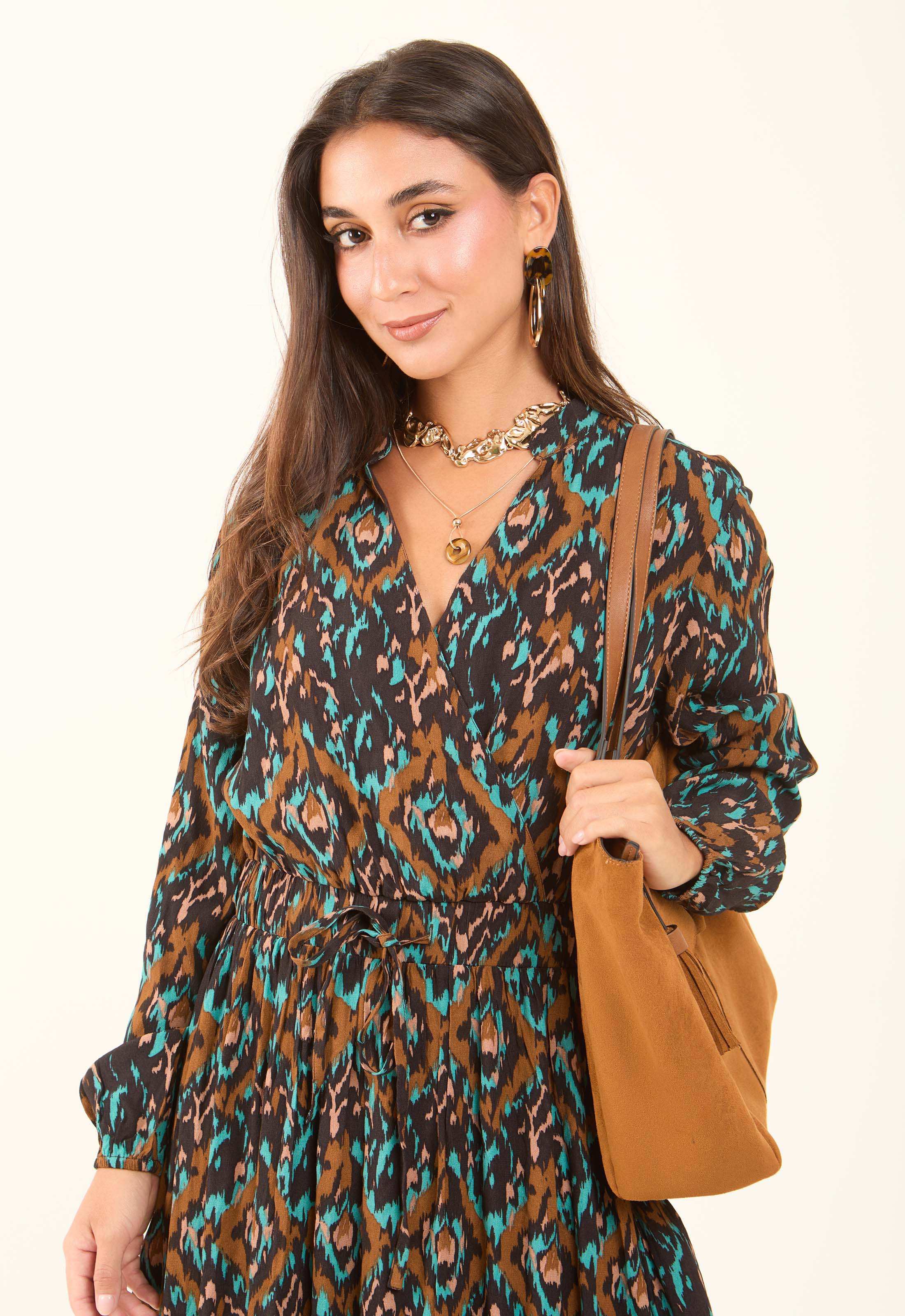 Patterned Drawstring Dress with V-Neck