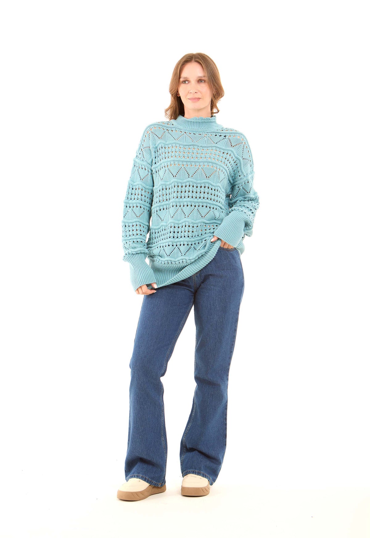 Perforated Mock Neck Knitted Pullover