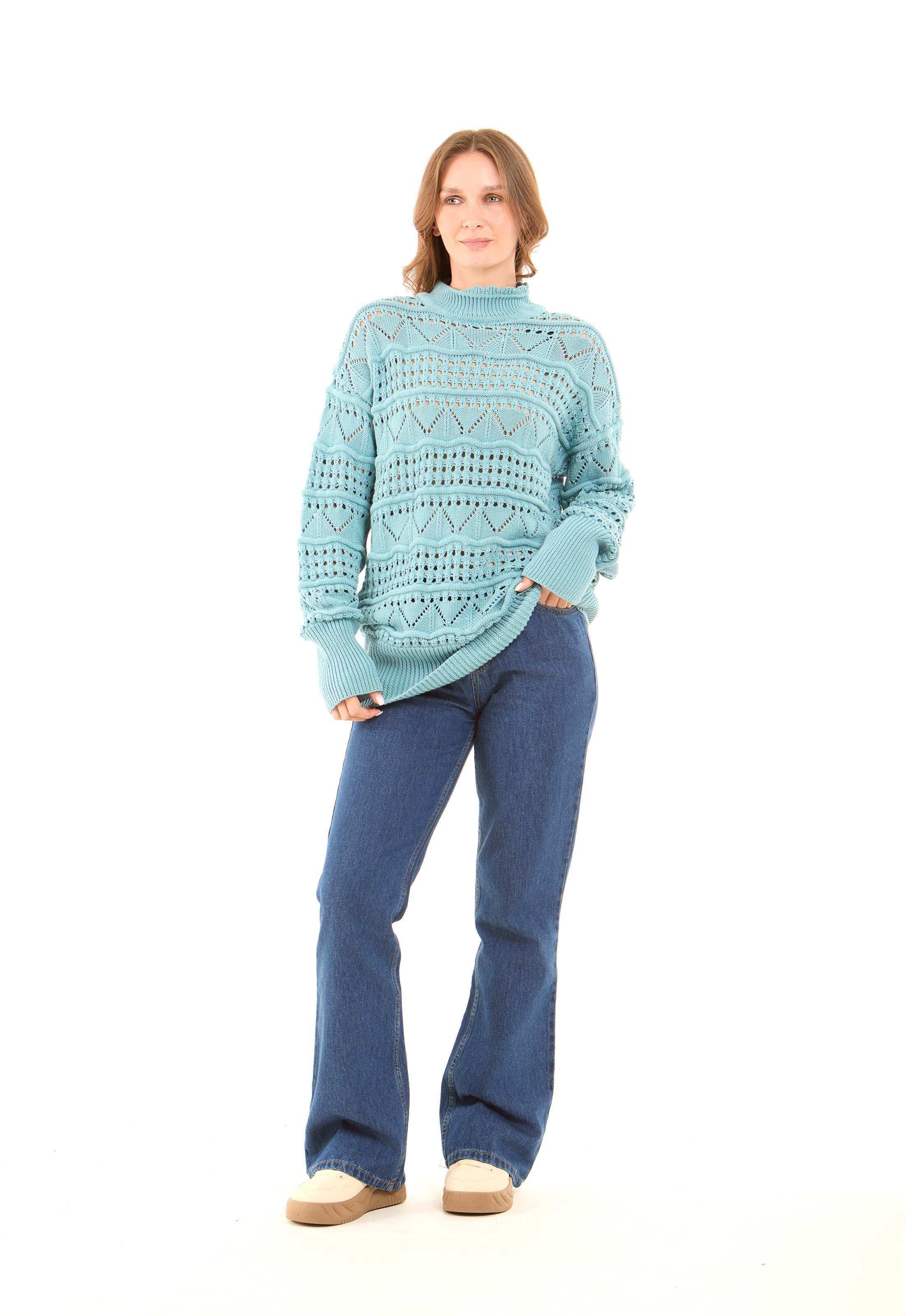 Perforated Mock Neck Knitted Pullover