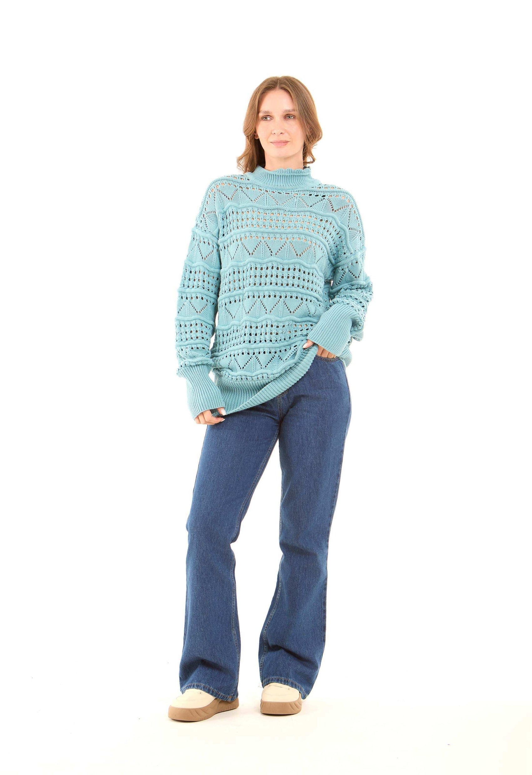 Perforated Mock Neck Knitted Pullover