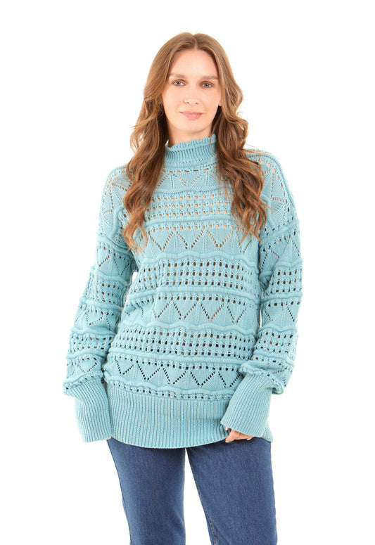 Perforated Mock Neck Knitted Pullover