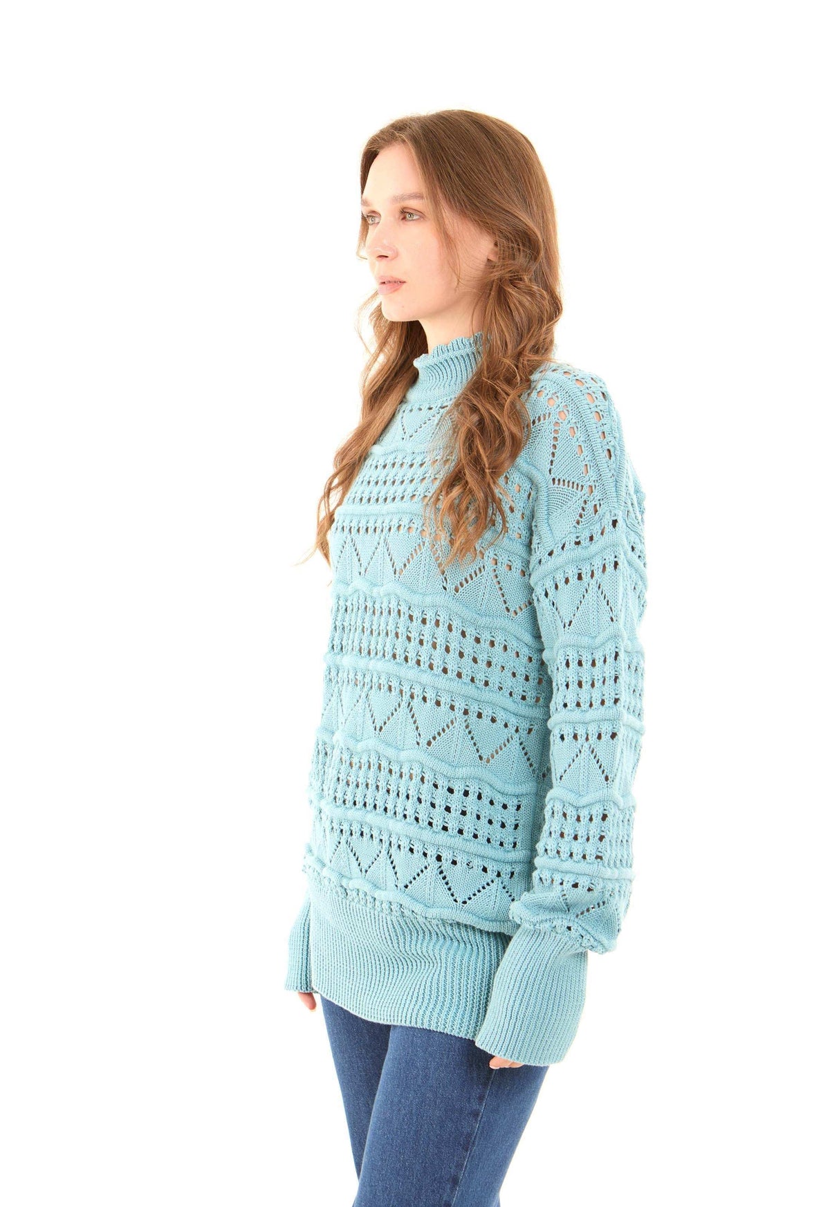 Perforated Mock Neck Knitted Pullover