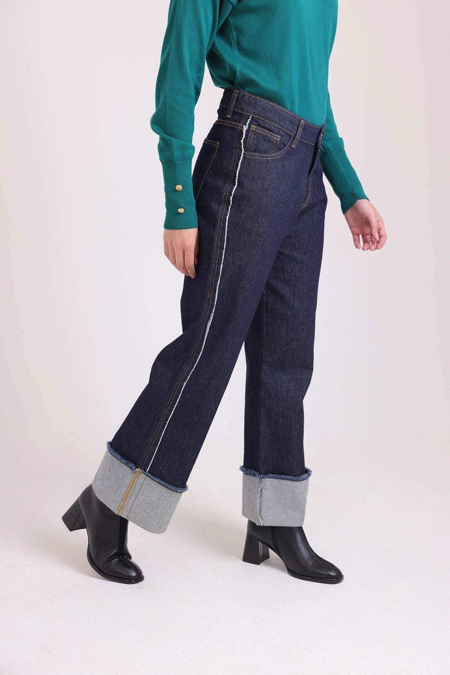Folded-Hem Straight Denim Pants