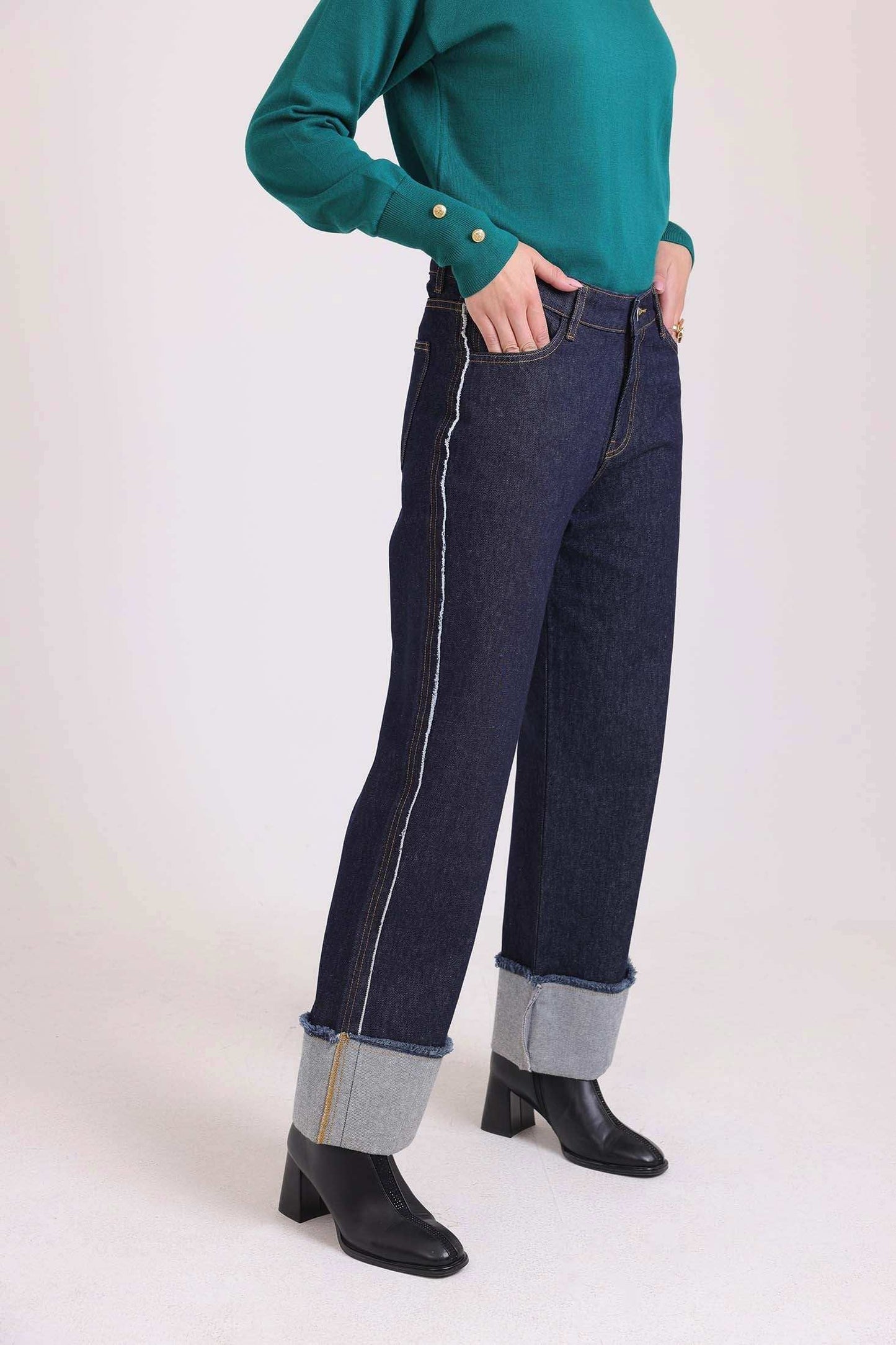 Folded-Hem Straight Denim Pants