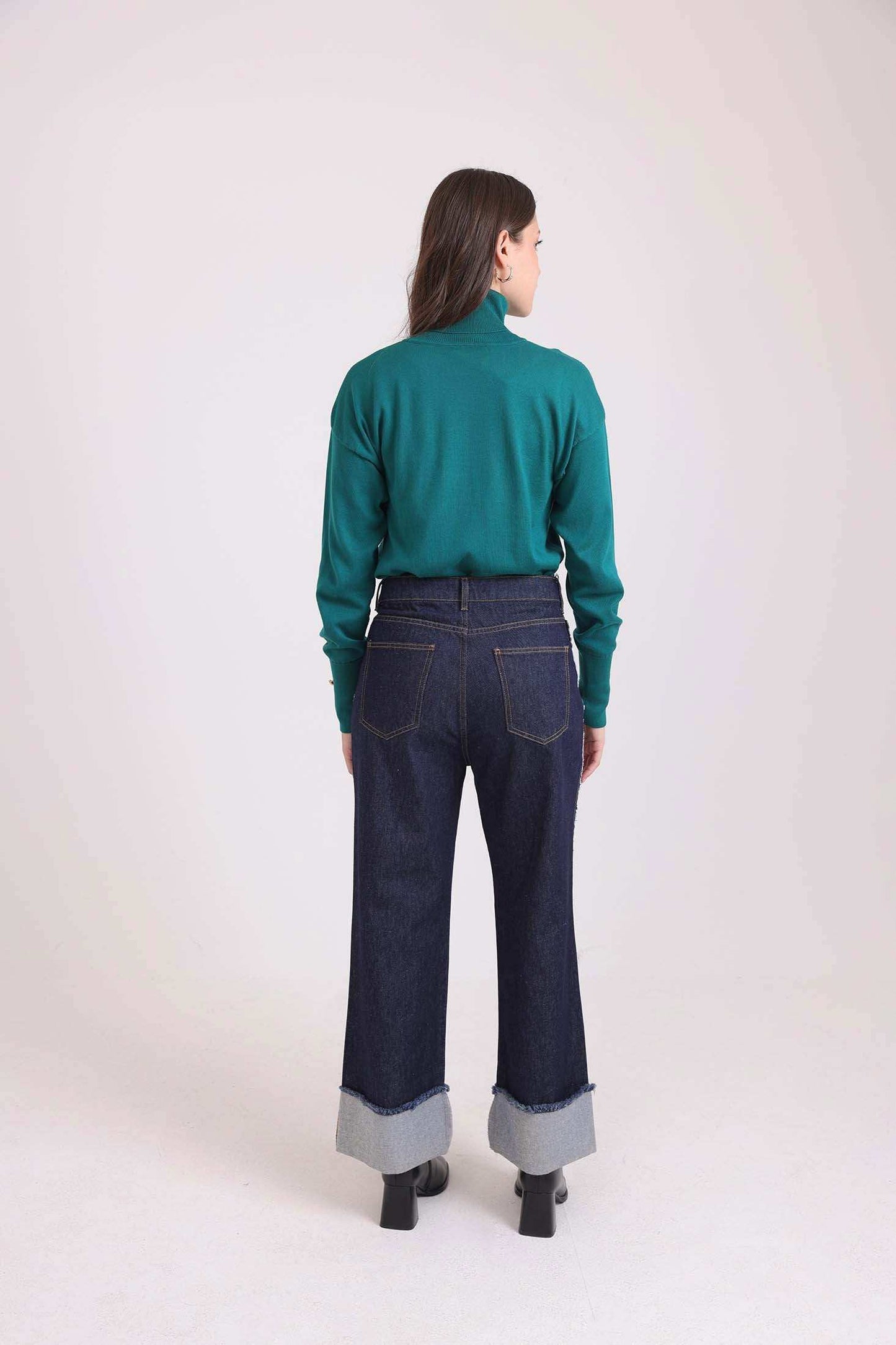 Folded-Hem Straight Denim Pants