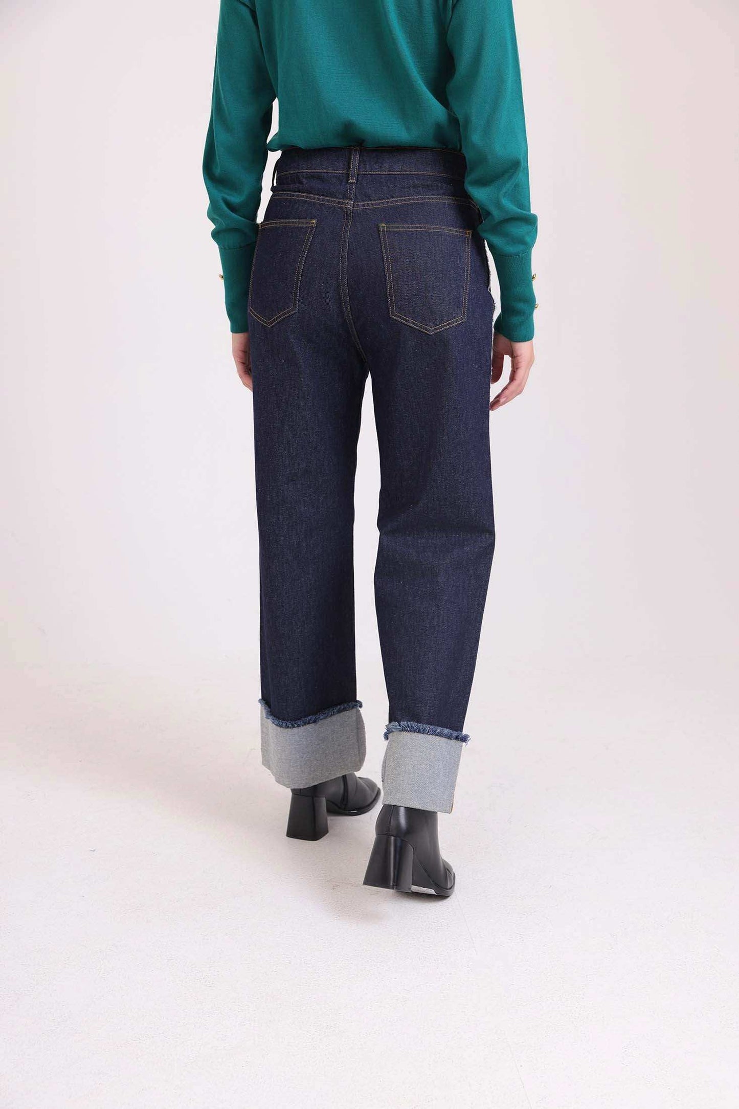 Folded-Hem Straight Denim Pants