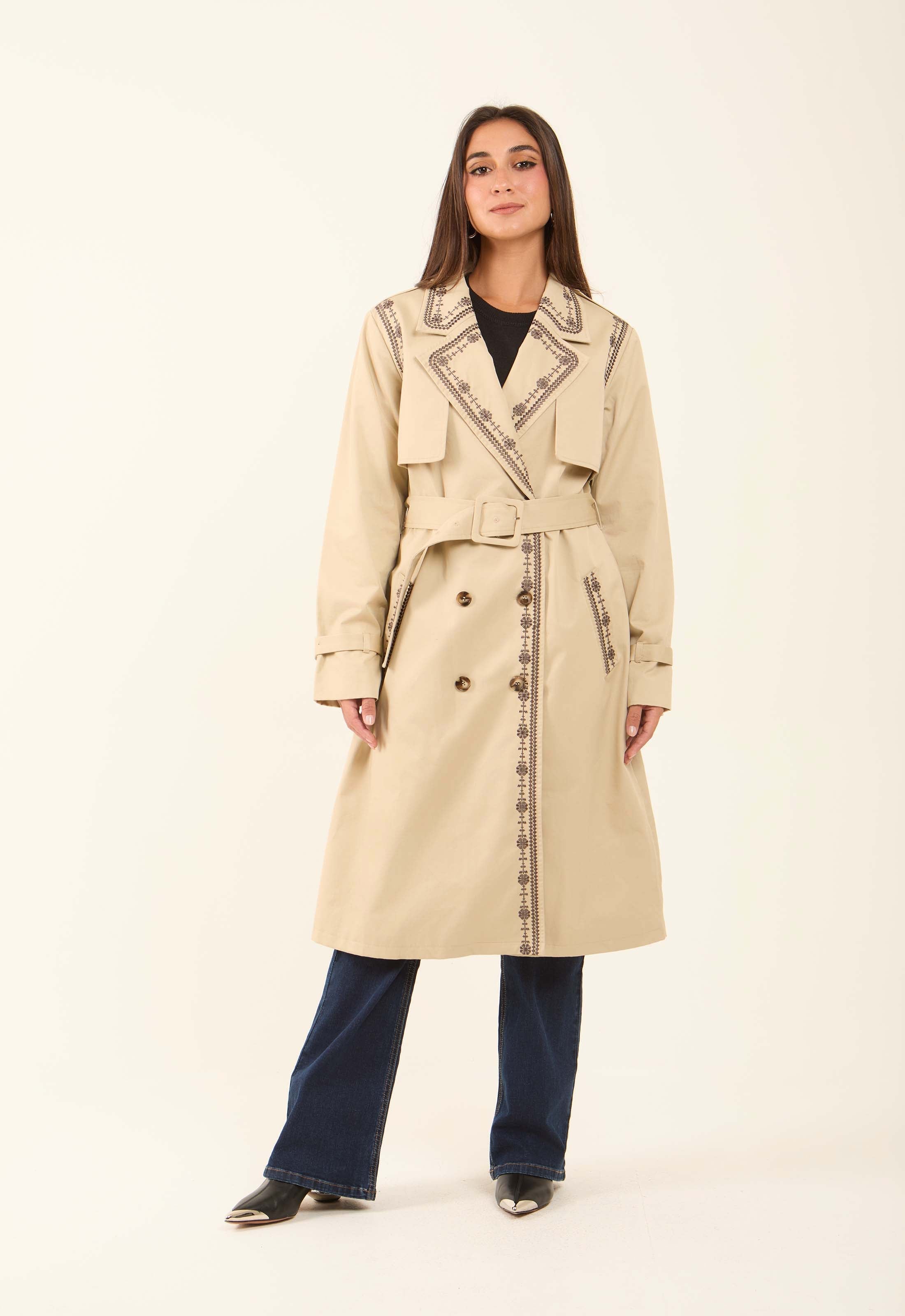 Embroidered Trim Trench Coat