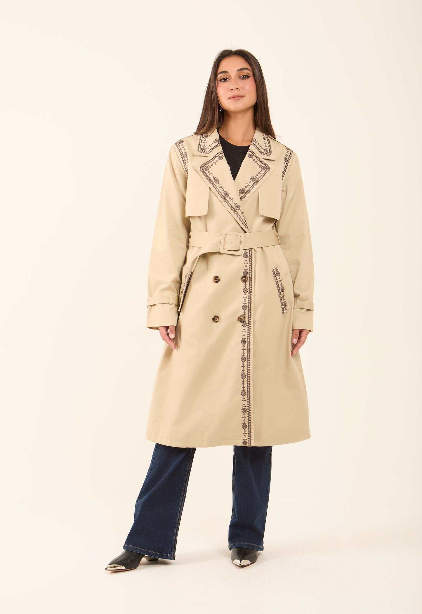 Embroidered Trim Trench Coat