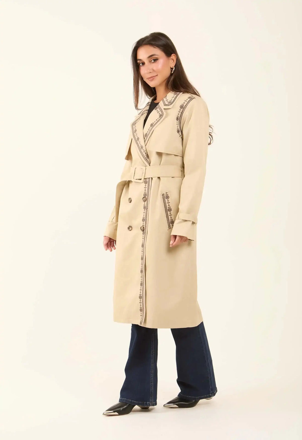 Embroidered Trim Trench Coat