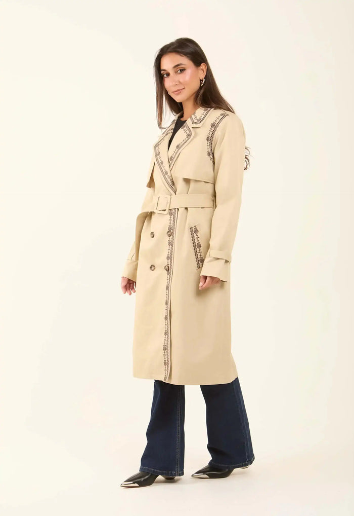 Embroidered Trim Trench Coat