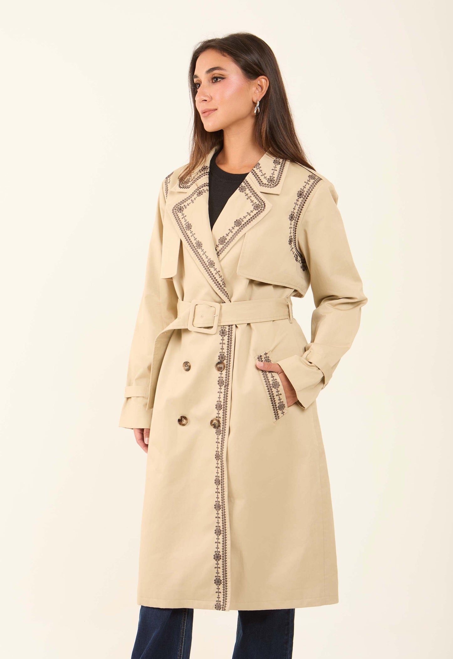 Embroidered Trim Trench Coat