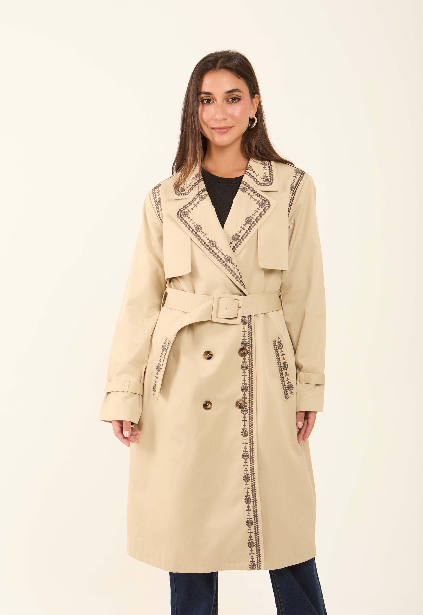 Embroidered Trim Trench Coat