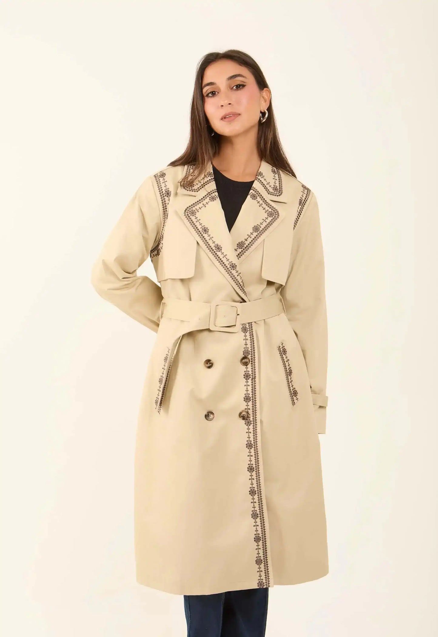 Embroidered Trim Trench Coat