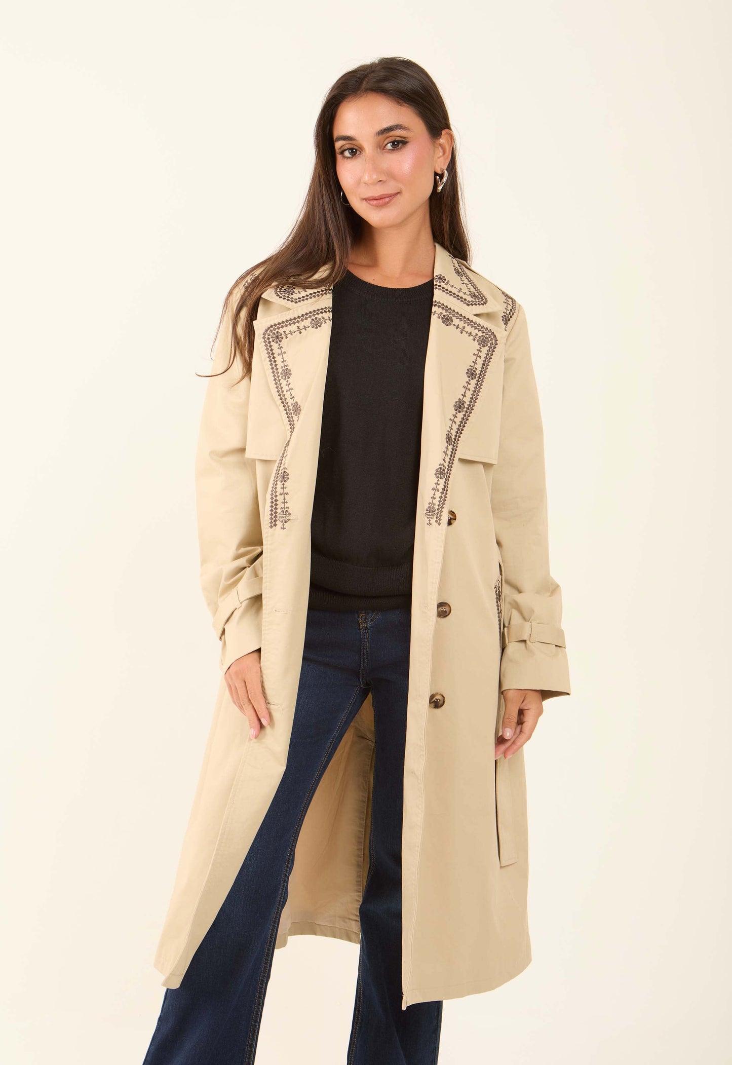Embroidered Trim Trench Coat