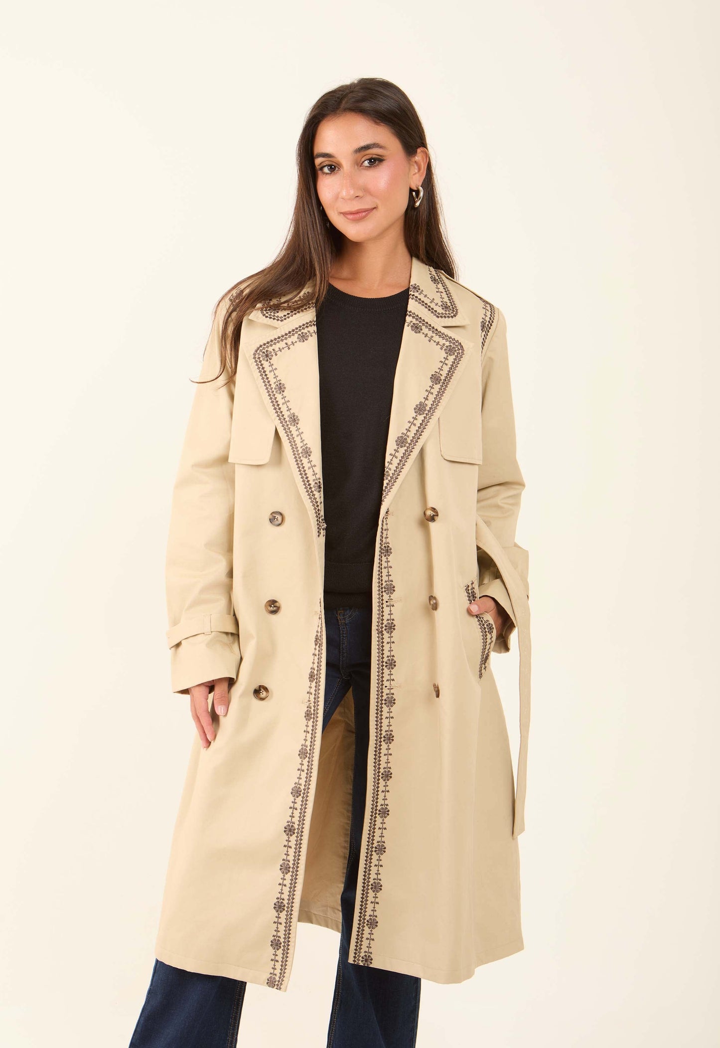 Embroidered Trim Trench Coat