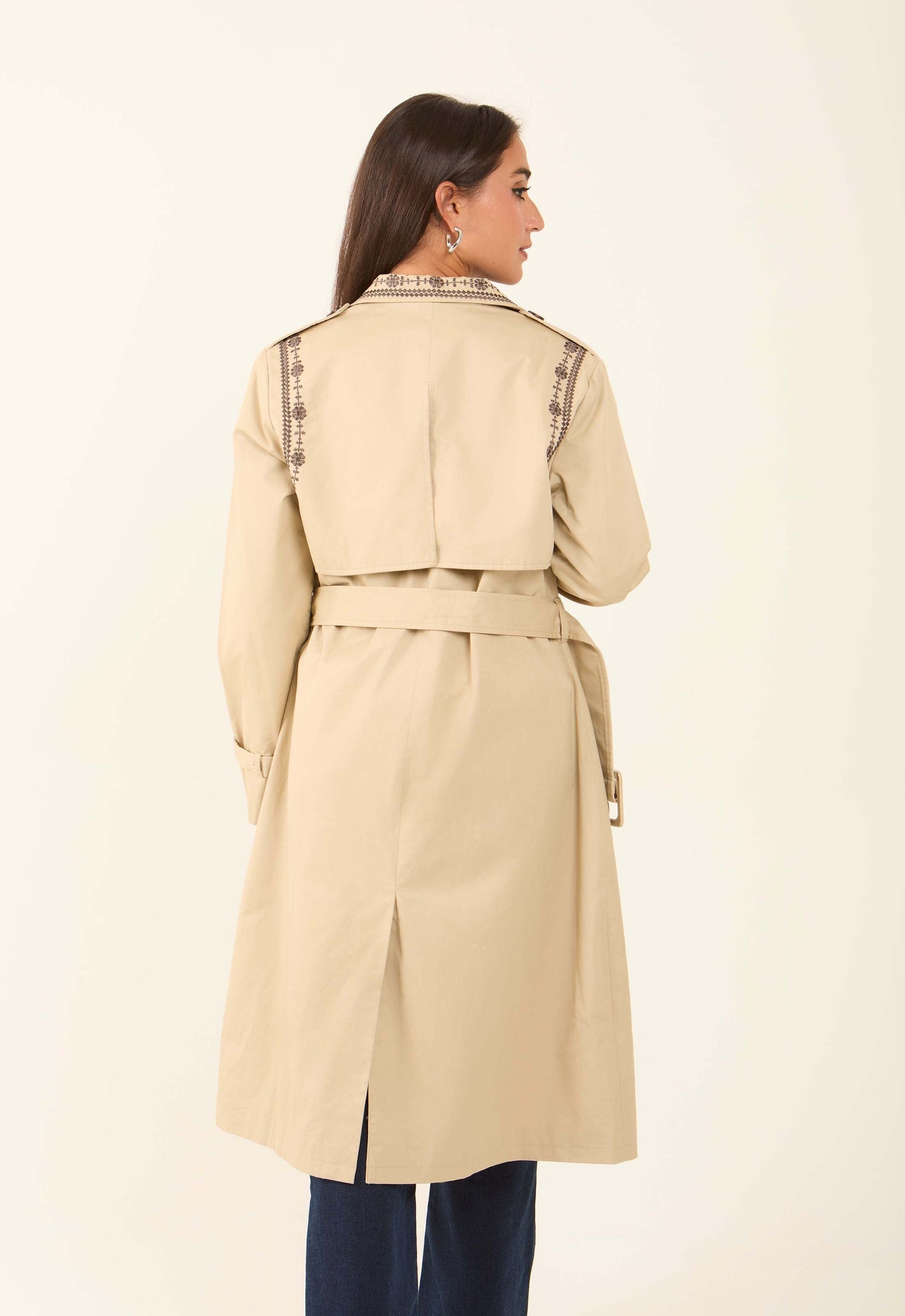 Embroidered Trim Trench Coat