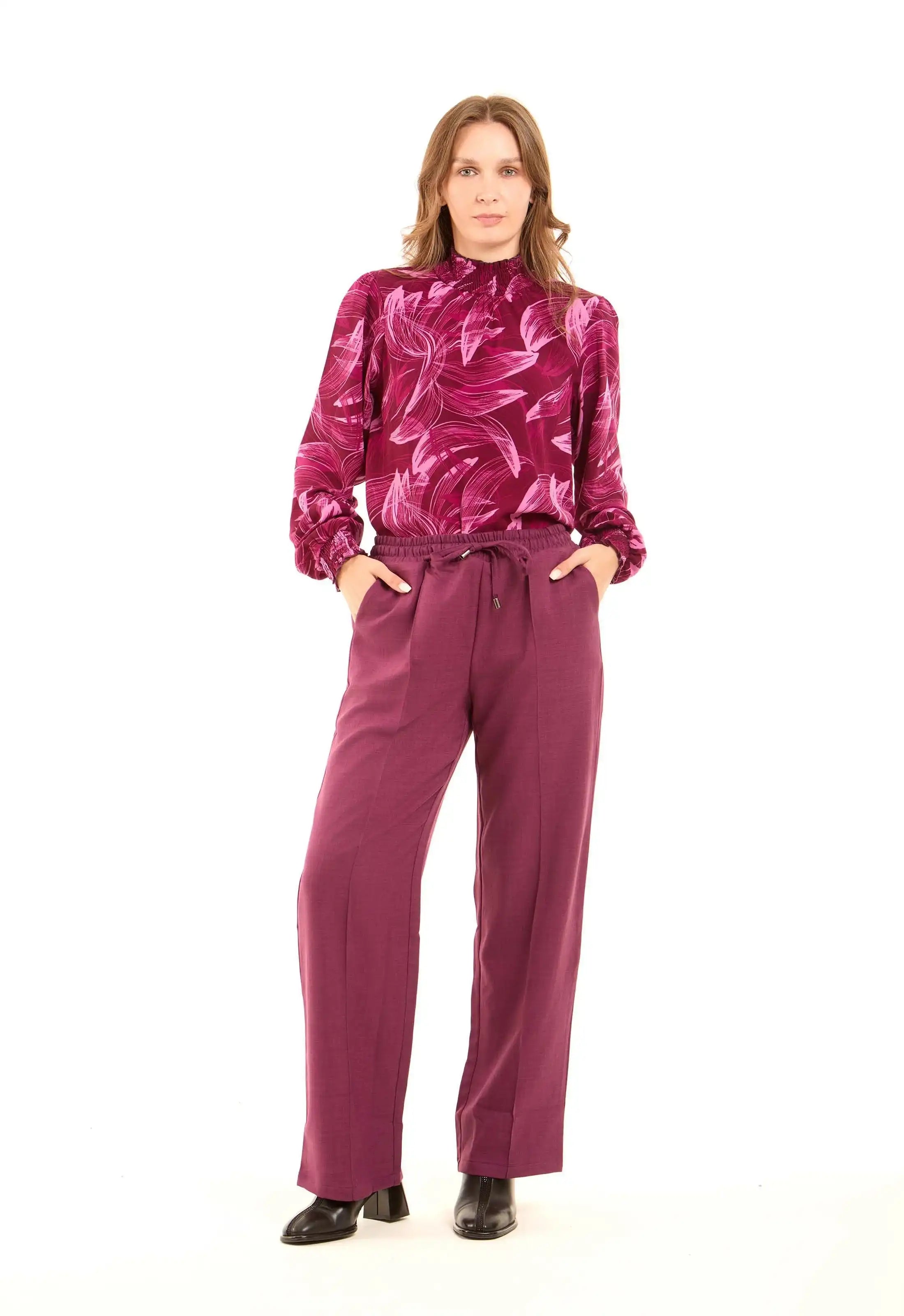 Printed High-Neck Blouse with Gathered Sleeves