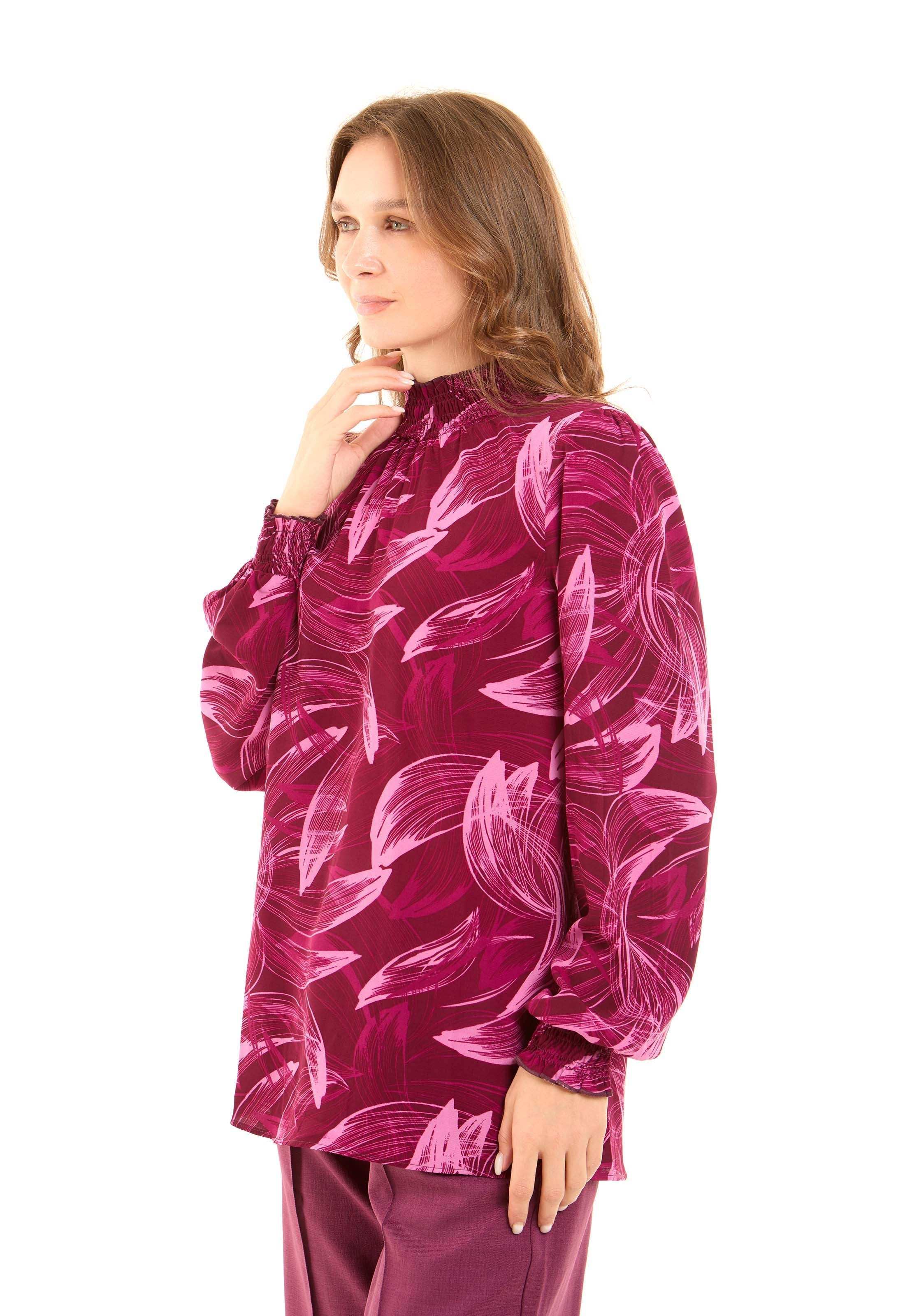 Printed High-Neck Blouse with Gathered Sleeves