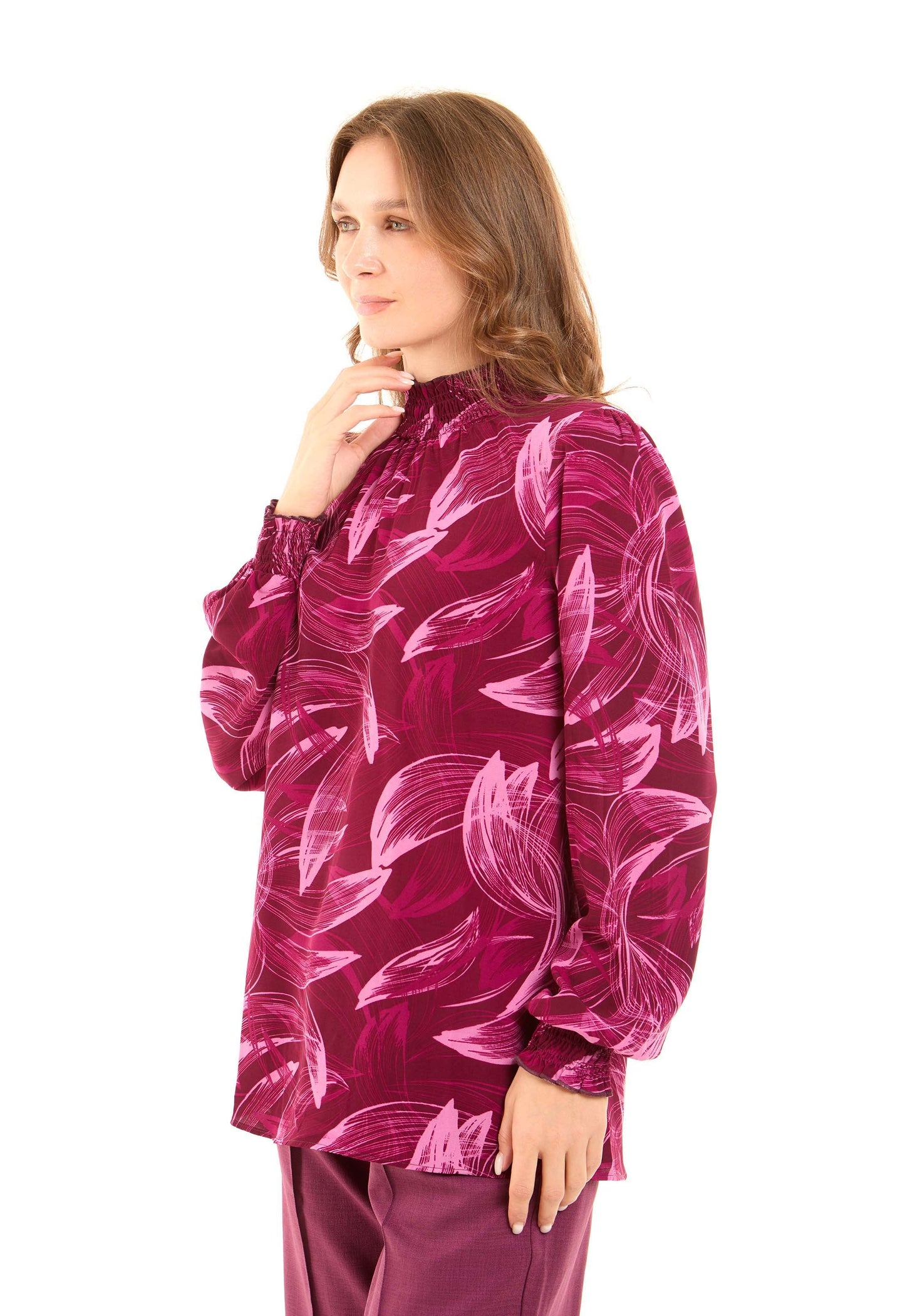 Printed High-Neck Blouse with Gathered Sleeves