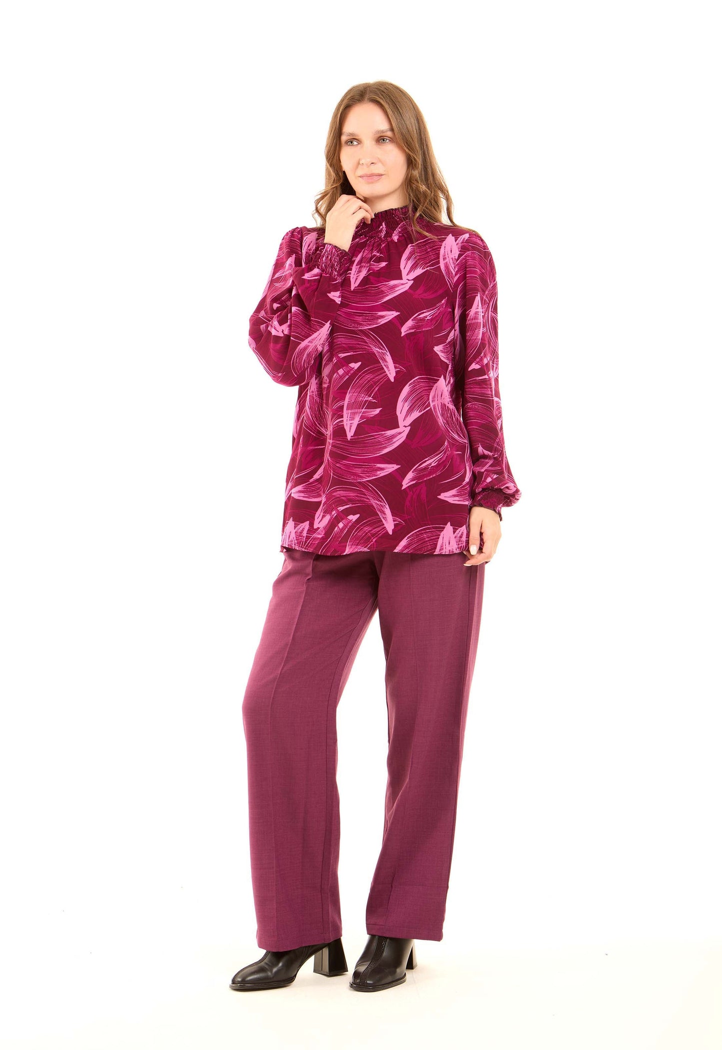 Printed High-Neck Blouse with Gathered Sleeves