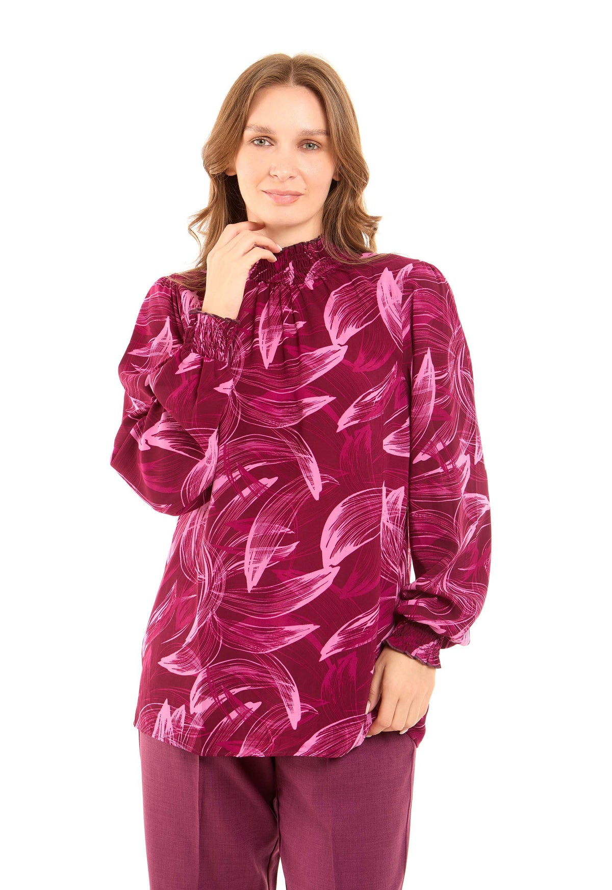 Printed High-Neck Blouse with Gathered Sleeves