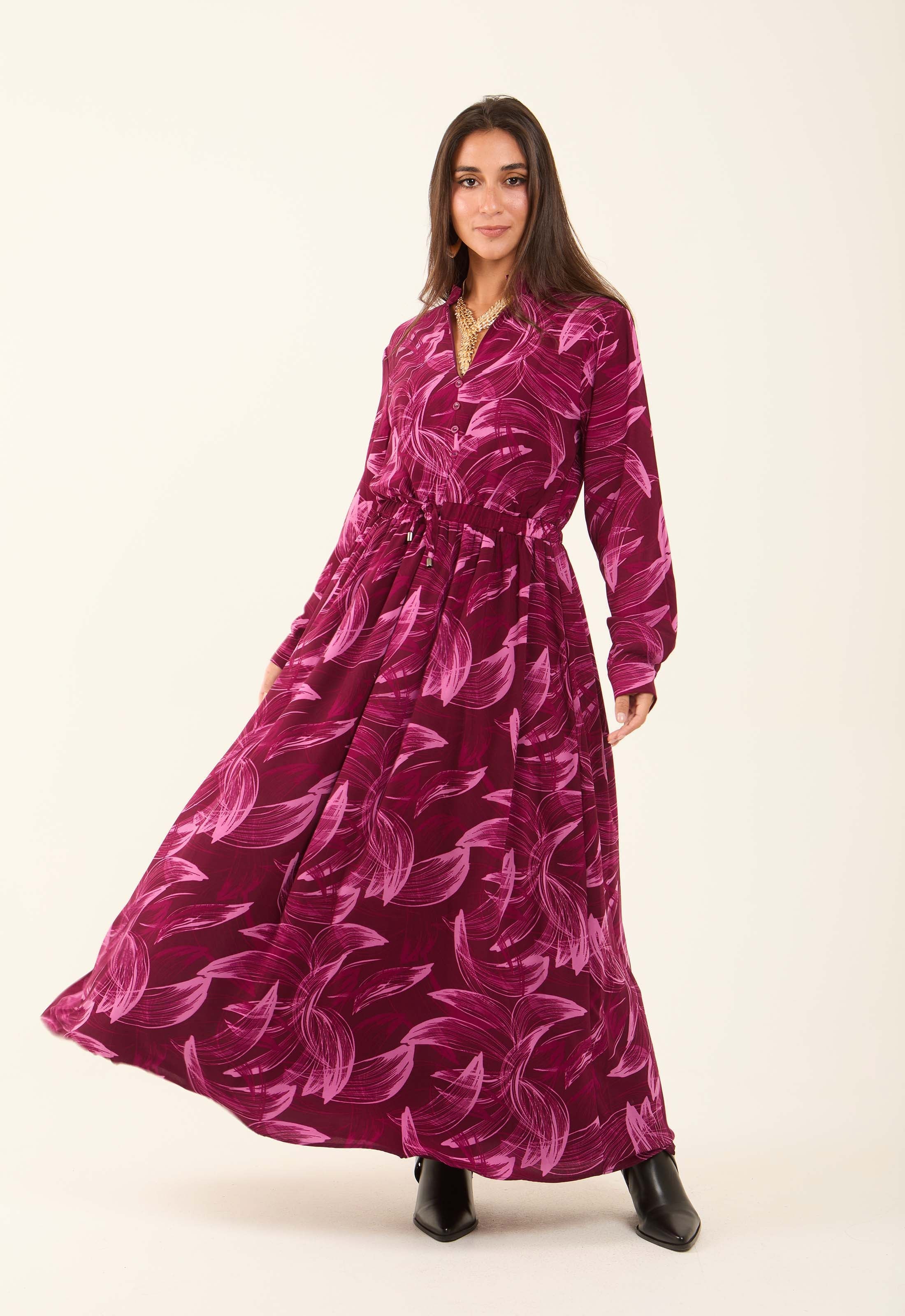 V-Neck Leaves Flowy Dress with Drawstring Waist