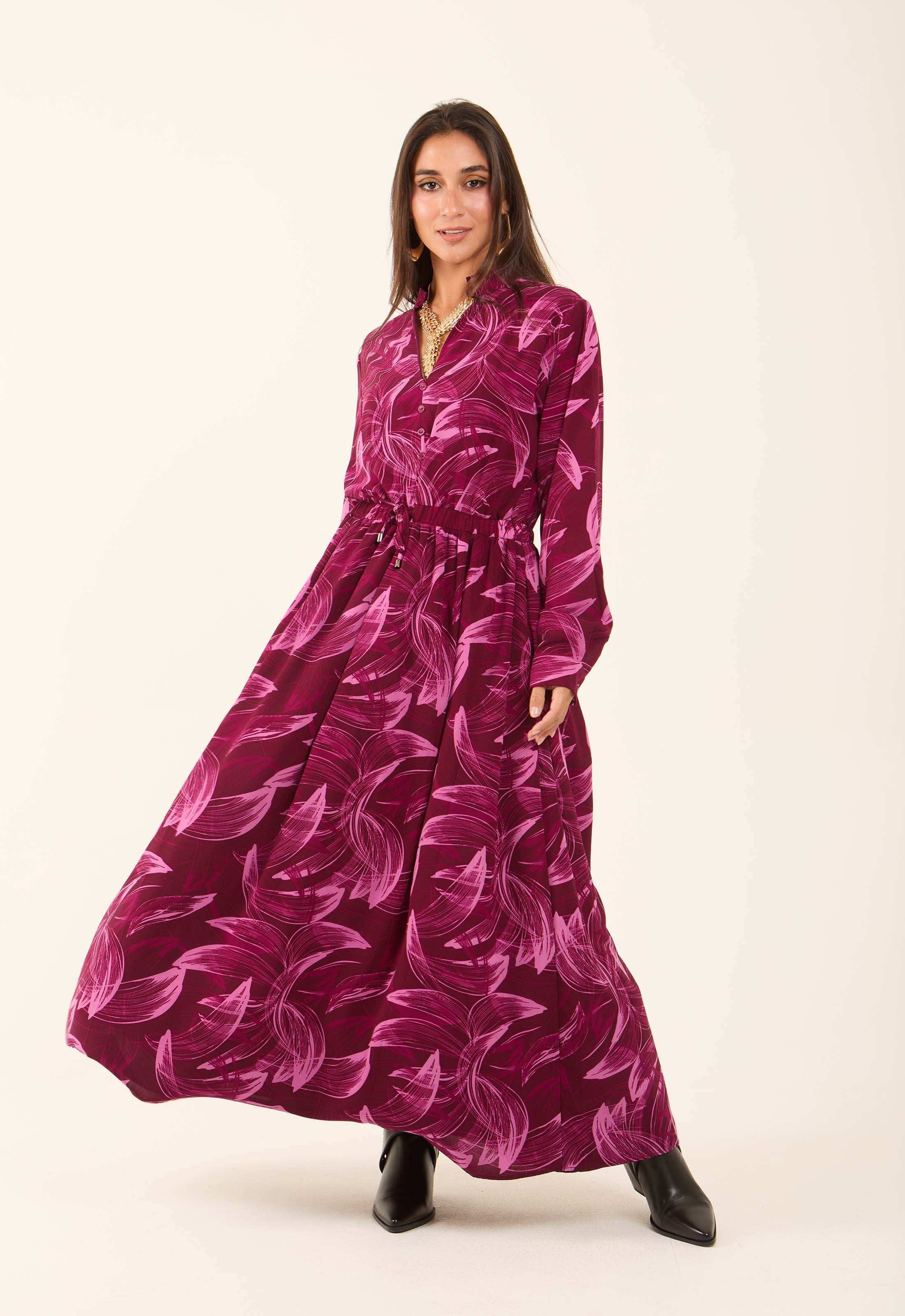 V-Neck Leaves Flowy Dress with Drawstring Waist