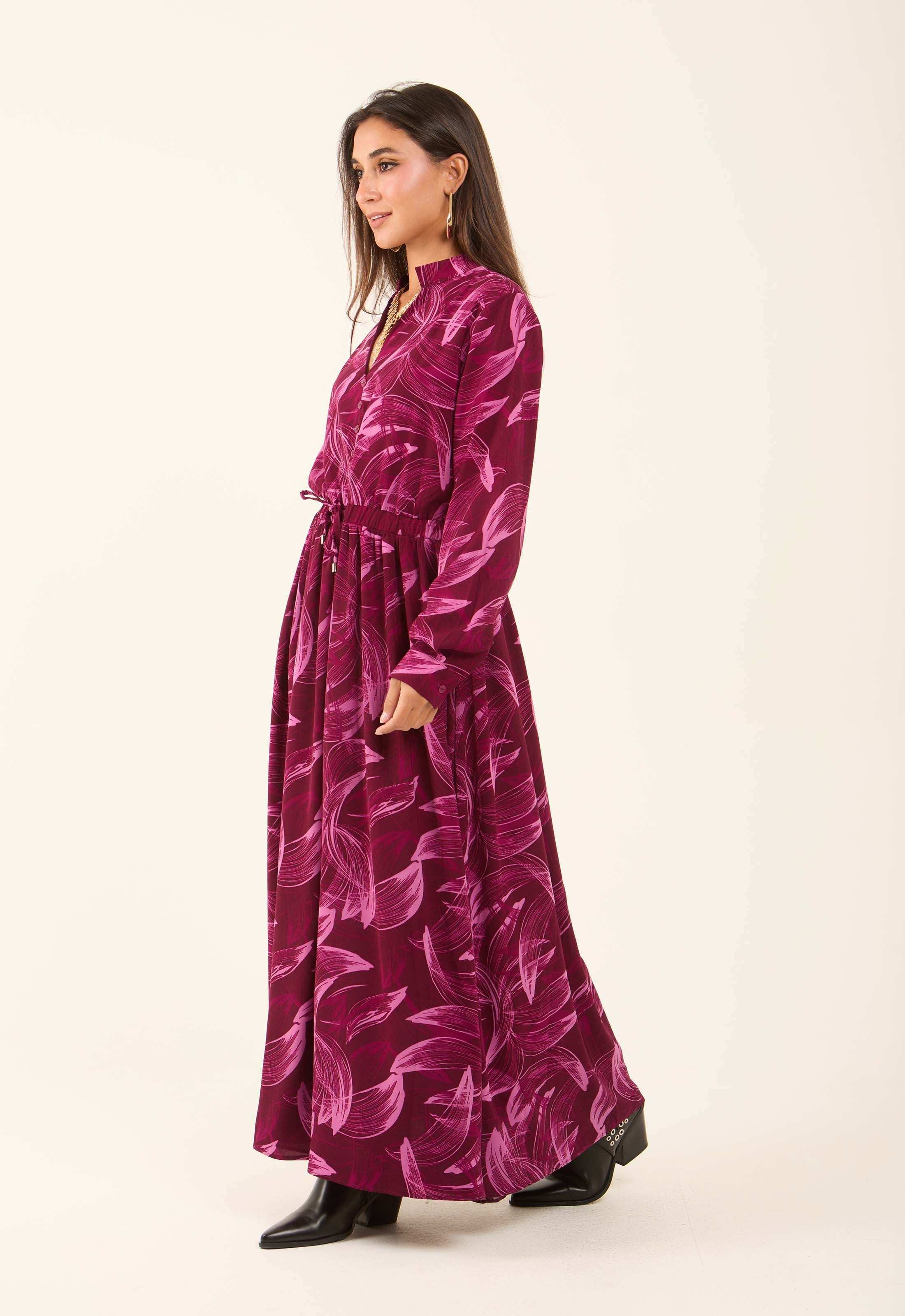 V-Neck Leaves Flowy Dress with Drawstring Waist