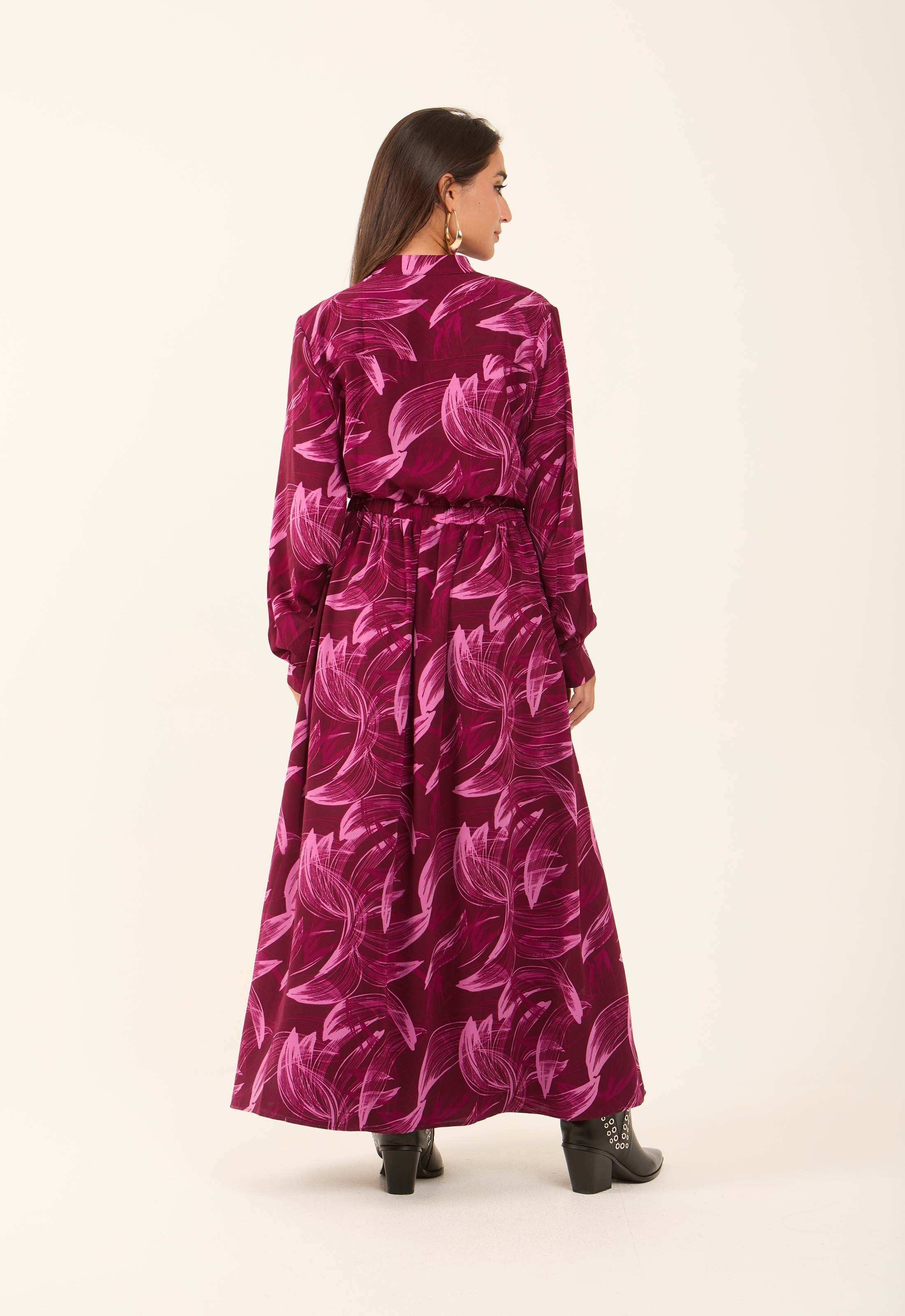 V-Neck Leaves Flowy Dress with Drawstring Waist