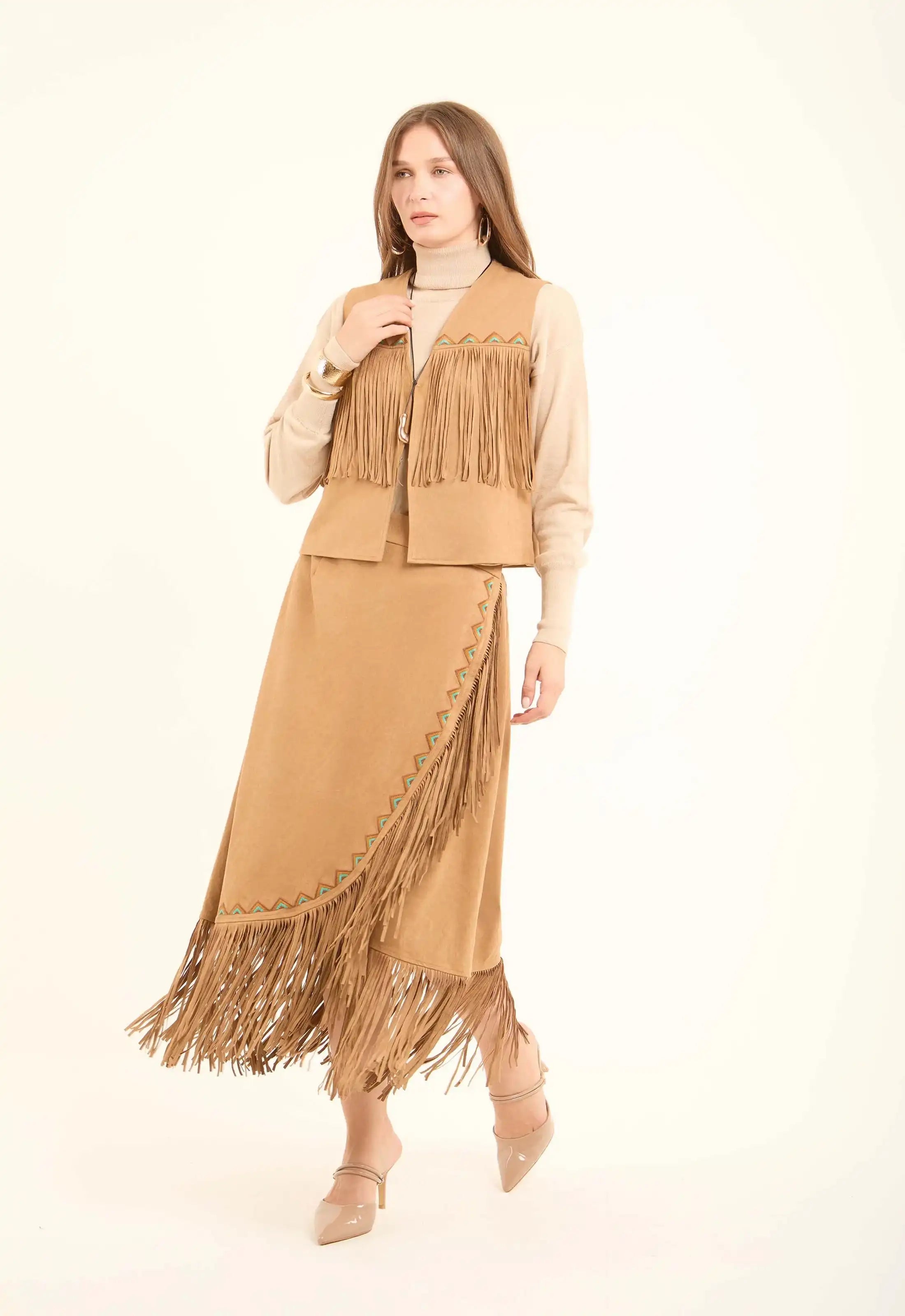 Suede Asymmetrical Skirt with Fringe