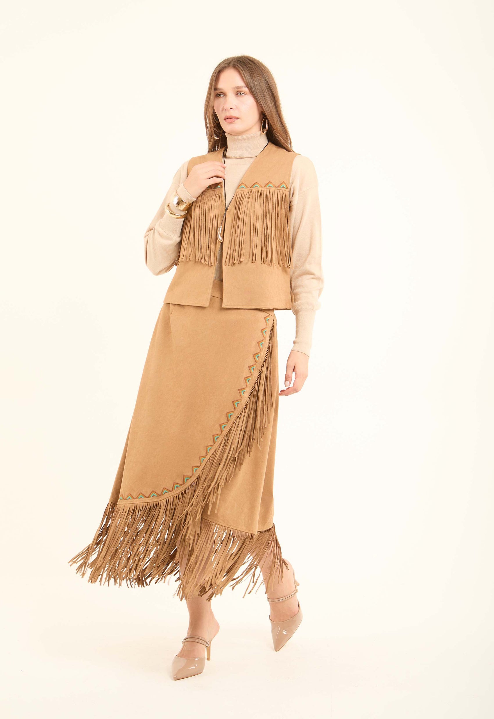 Suede Asymmetrical Skirt with Fringe