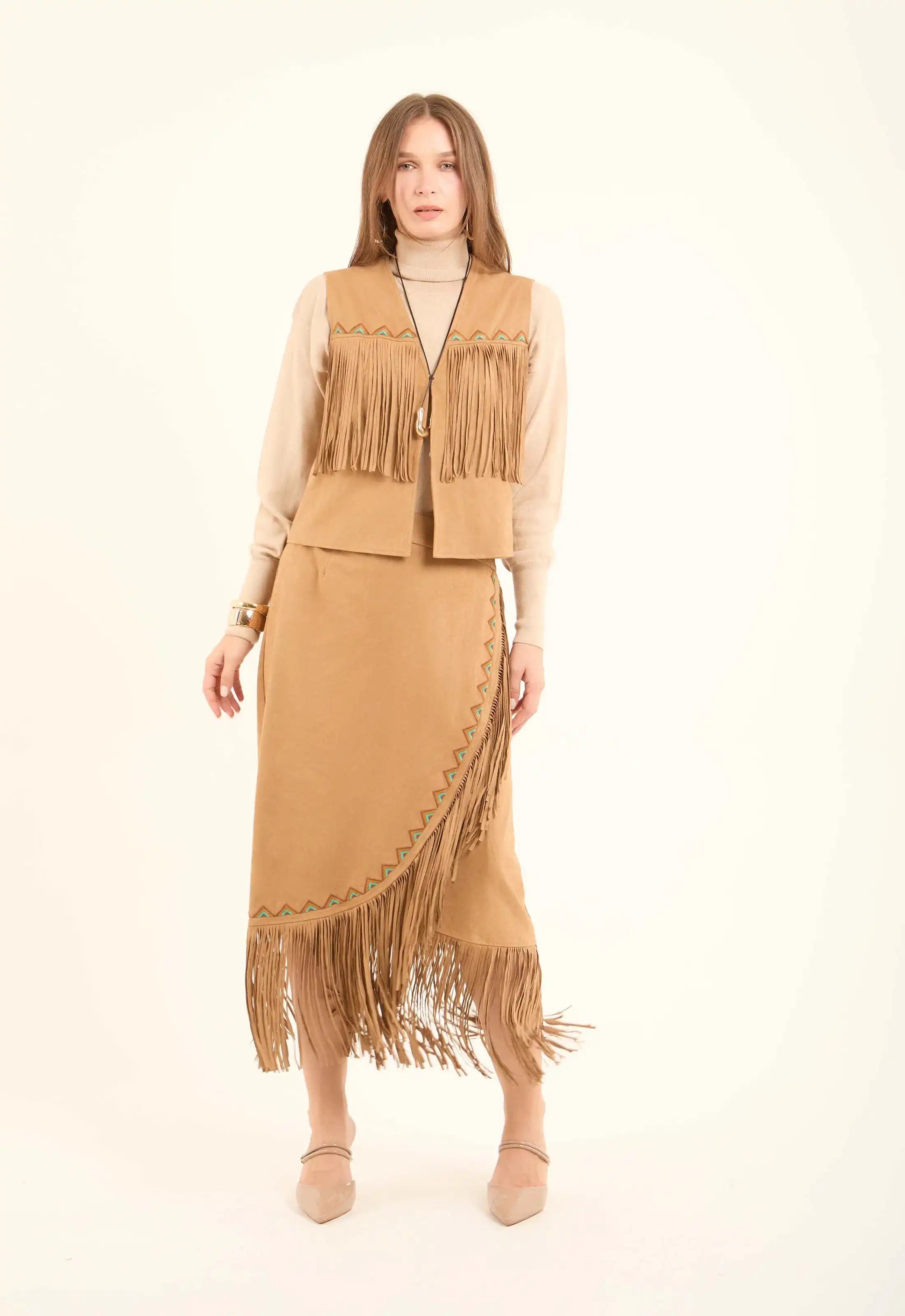 Suede Asymmetrical Skirt with Fringe