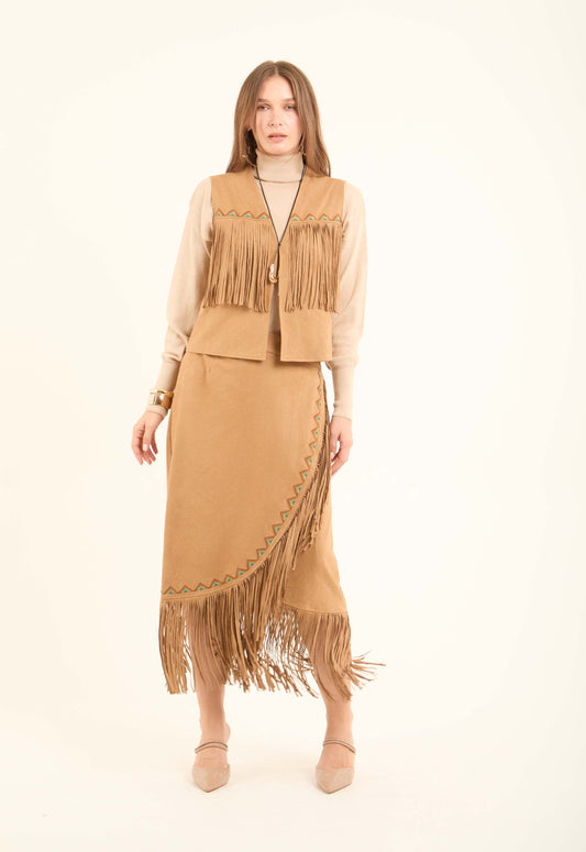 Suede Asymmetrical Skirt with Fringe