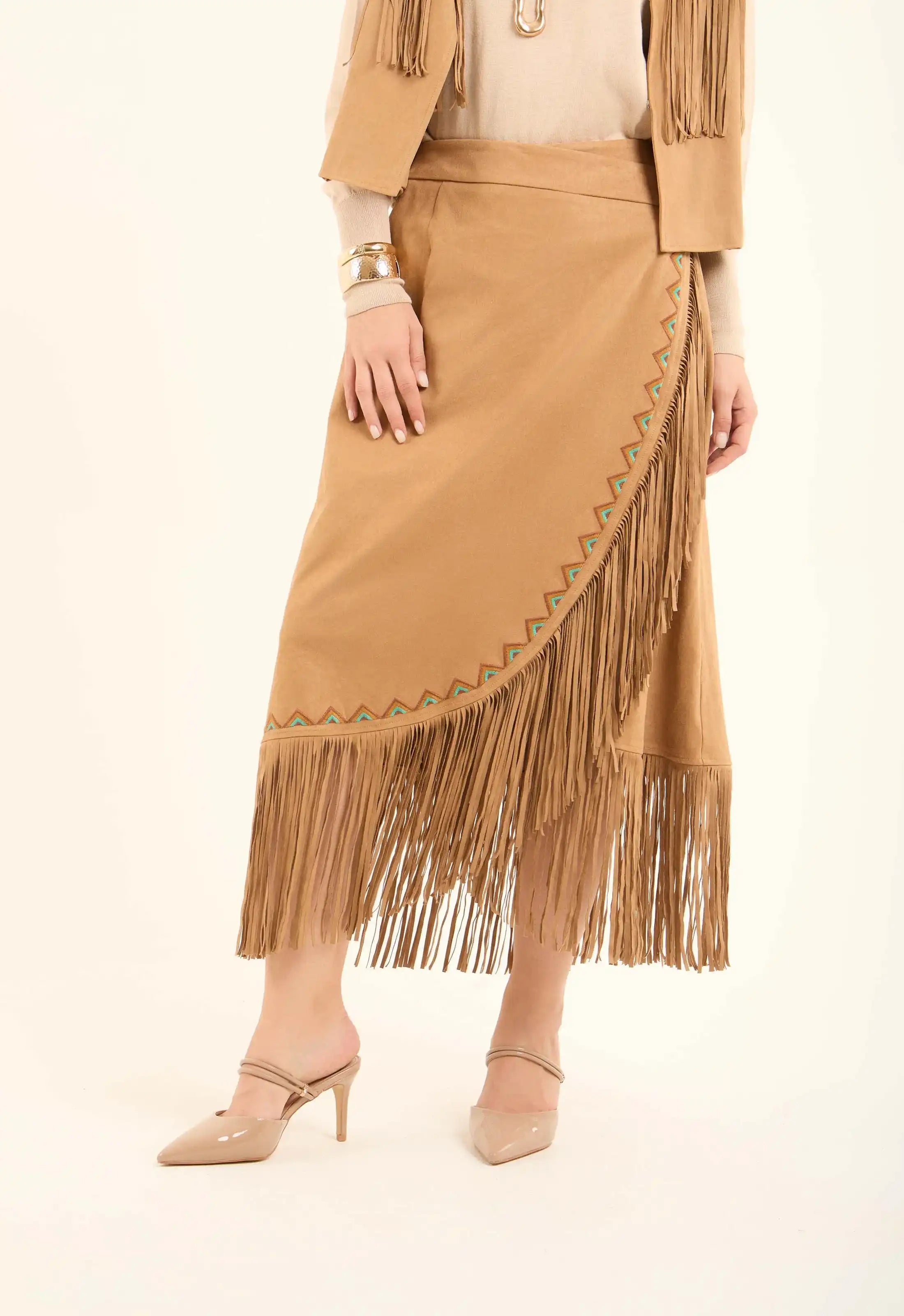 Suede Asymmetrical Skirt with Fringe