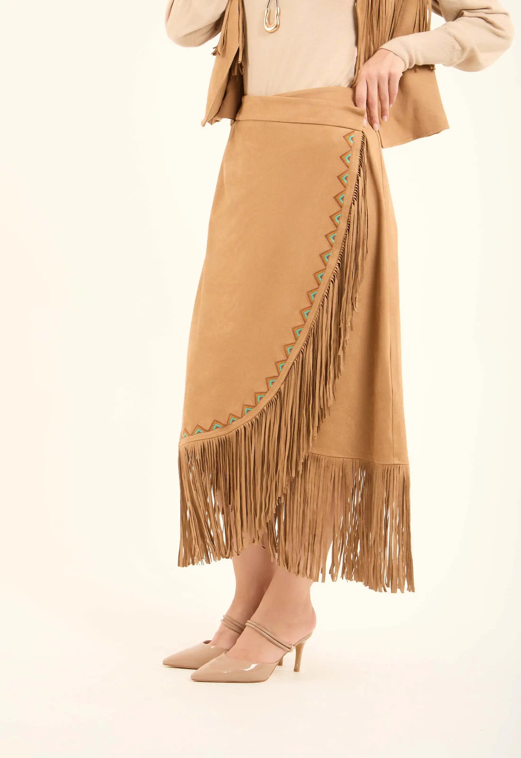 Suede Asymmetrical Skirt with Fringe